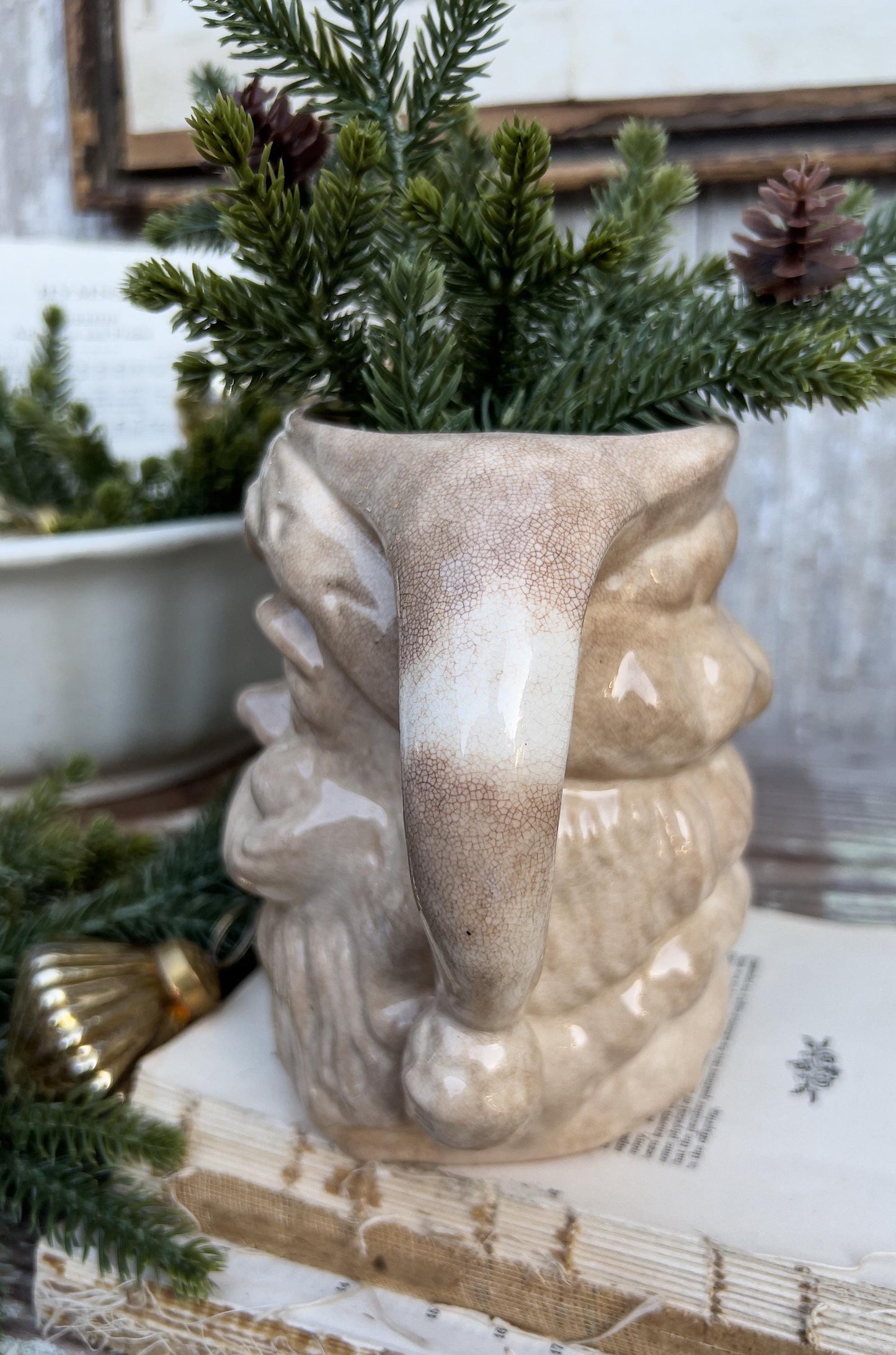 Vintage Ironstone Santa Claus Pitcher LARGE Creamy White Farmhouse Christmas Decor Rare Paintless Grungy Stained Crazed INARCO JAPAN 1959