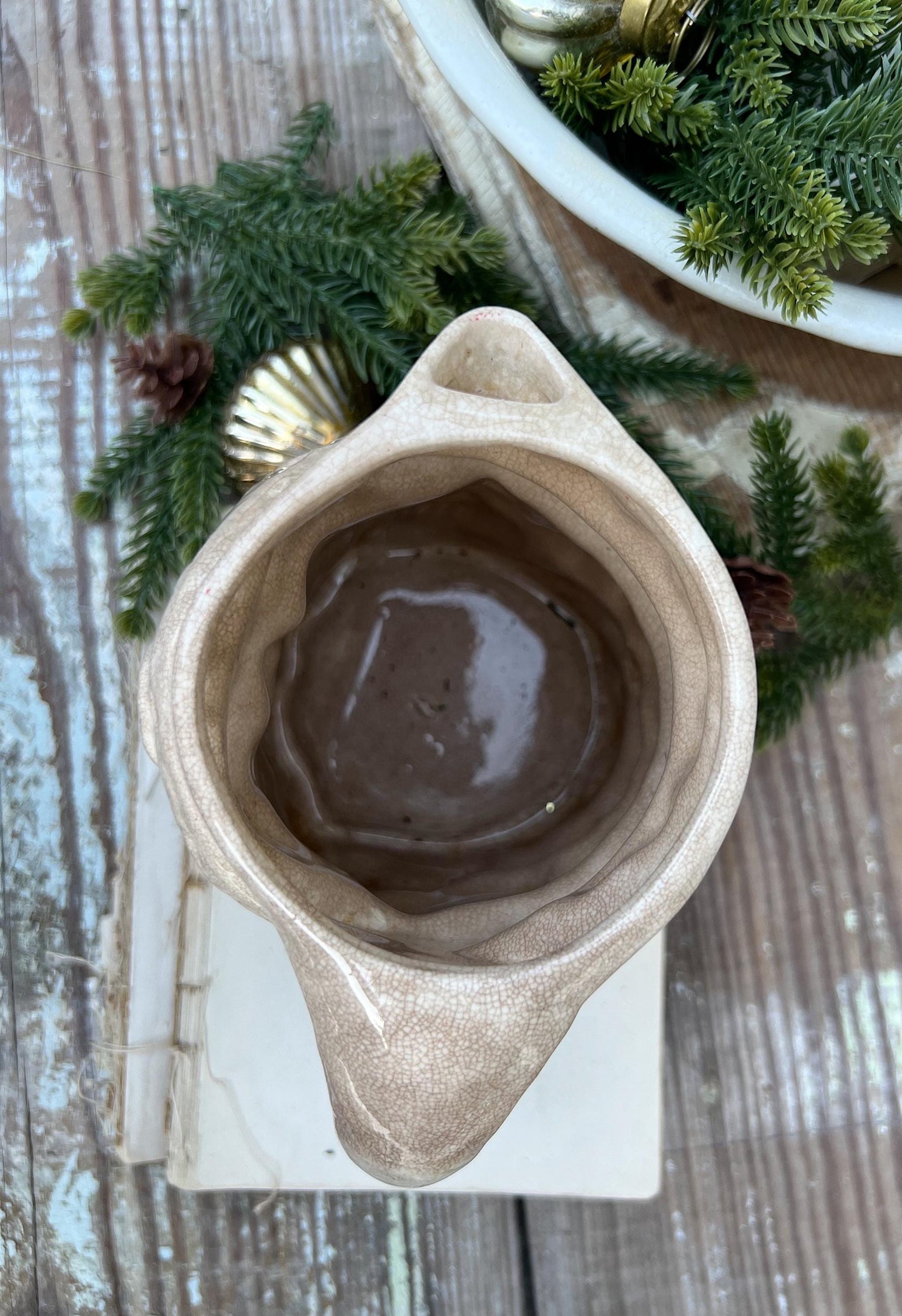 Vintage Ironstone Santa Claus Pitcher LARGE Creamy White Farmhouse Christmas Decor Rare Paintless Grungy Stained Crazed INARCO JAPAN 1959