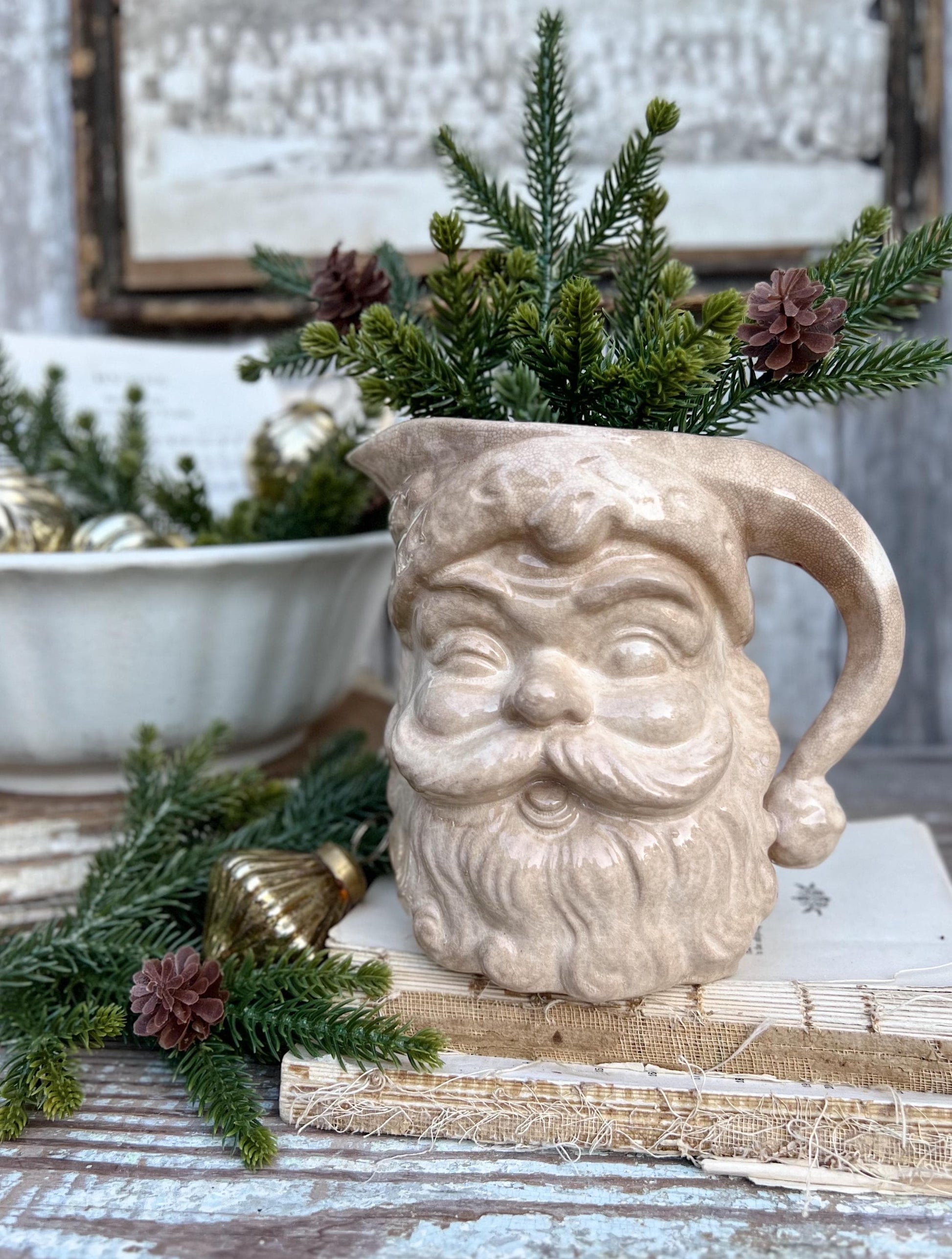 Vintage Ironstone Santa Claus Pitcher LARGE Creamy White Farmhouse Christmas Decor Rare Paintless Grungy Stained Crazed INARCO JAPAN 1959