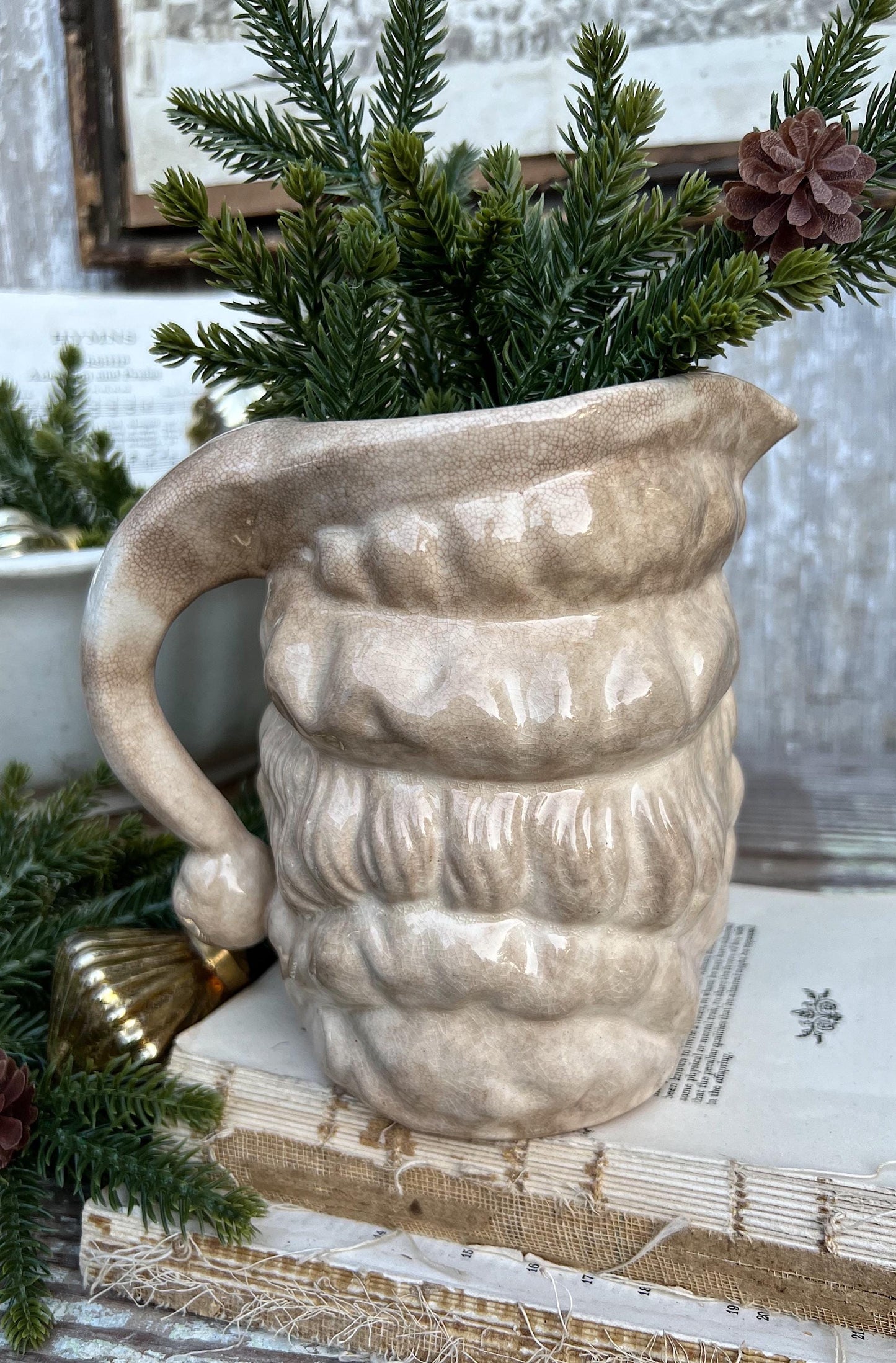 Vintage Ironstone Santa Claus Pitcher LARGE Creamy White Farmhouse Christmas Decor Rare Paintless Grungy Stained Crazed INARCO JAPAN 1959