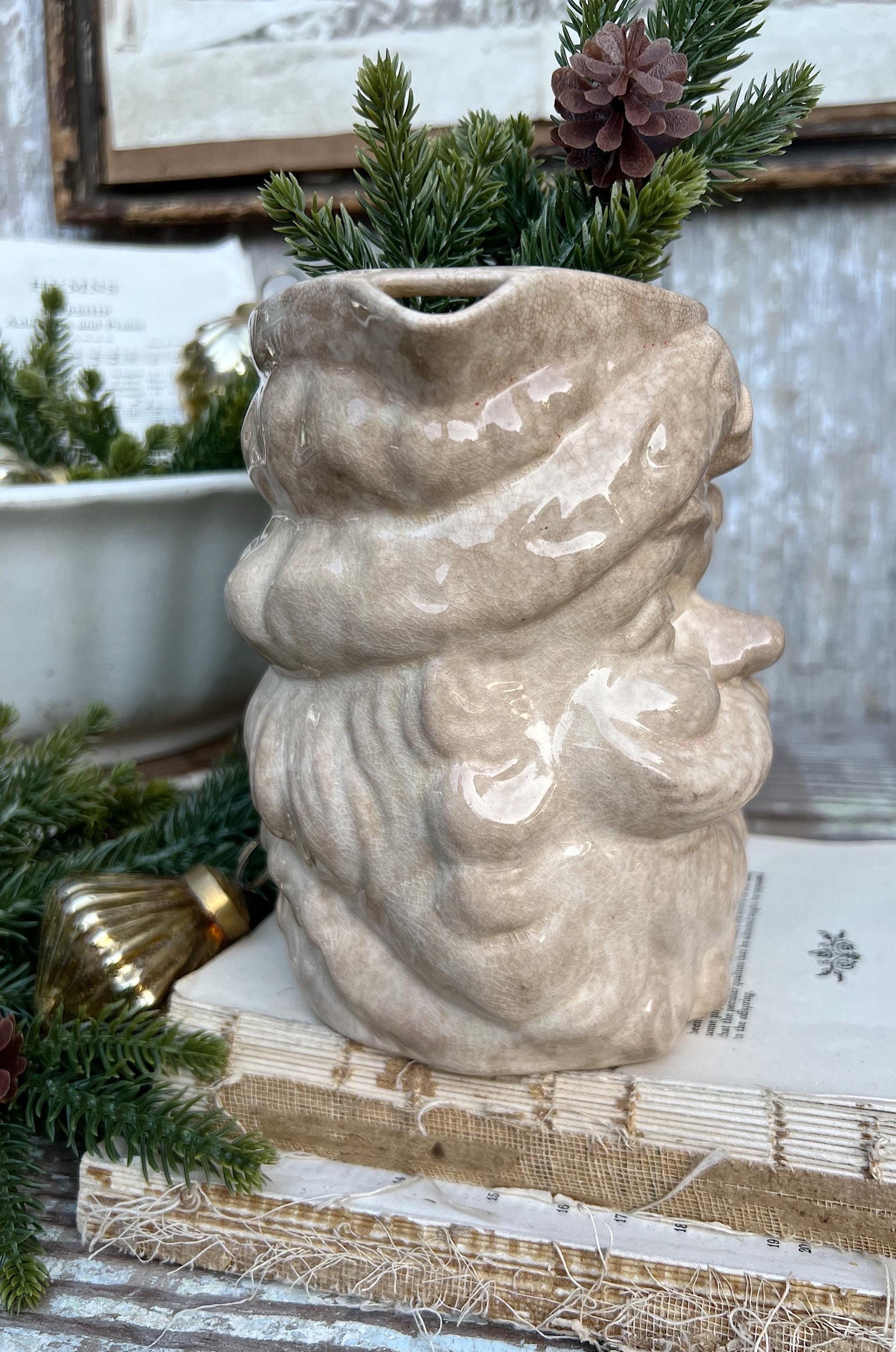 Vintage Ironstone Santa Claus Pitcher LARGE Creamy White Farmhouse Christmas Decor Rare Paintless Grungy Stained Crazed INARCO JAPAN 1959