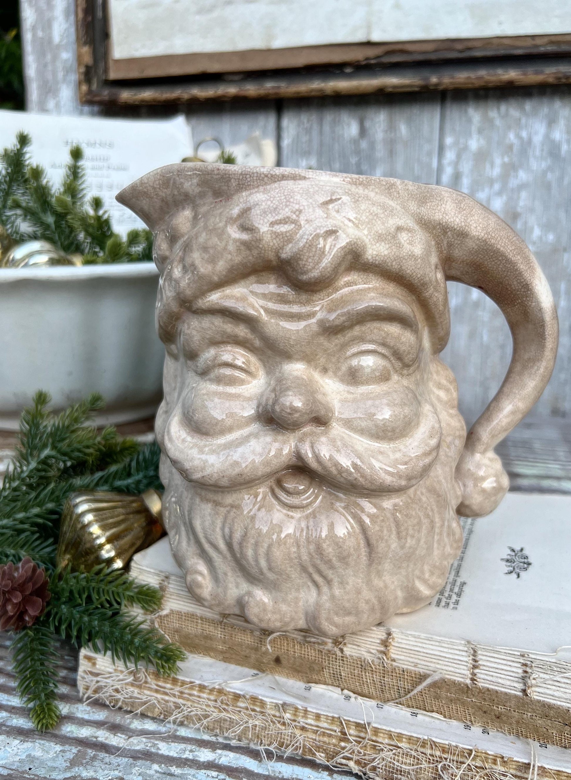 Vintage Ironstone Santa Claus Pitcher LARGE Creamy White Farmhouse Christmas Decor Rare Paintless Grungy Stained Crazed INARCO JAPAN 1959