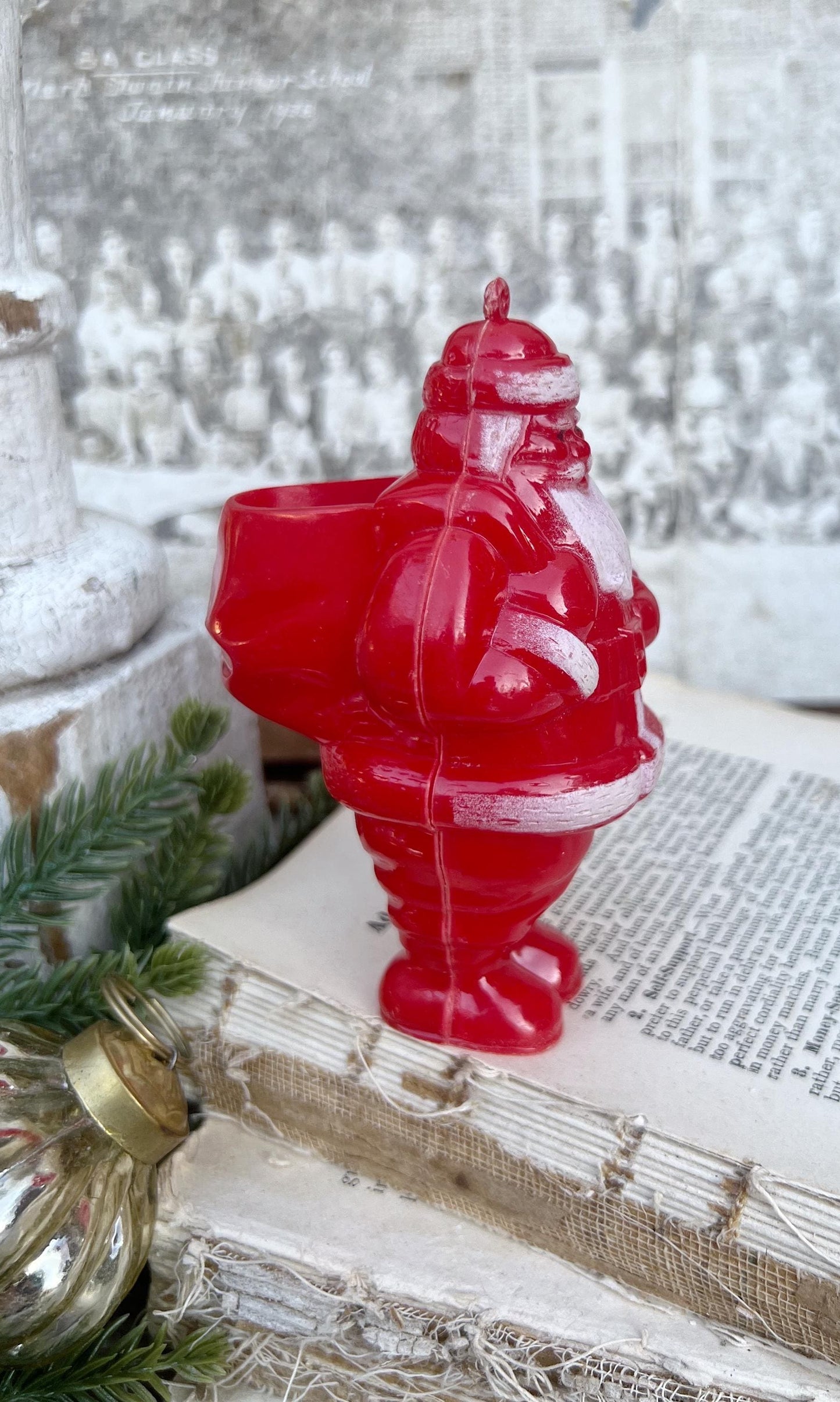 Vintage Santa Claus Candy Holder Dispenser Fillable Treat RED Farmhouse Christmas Retro Decor MCM Plastic