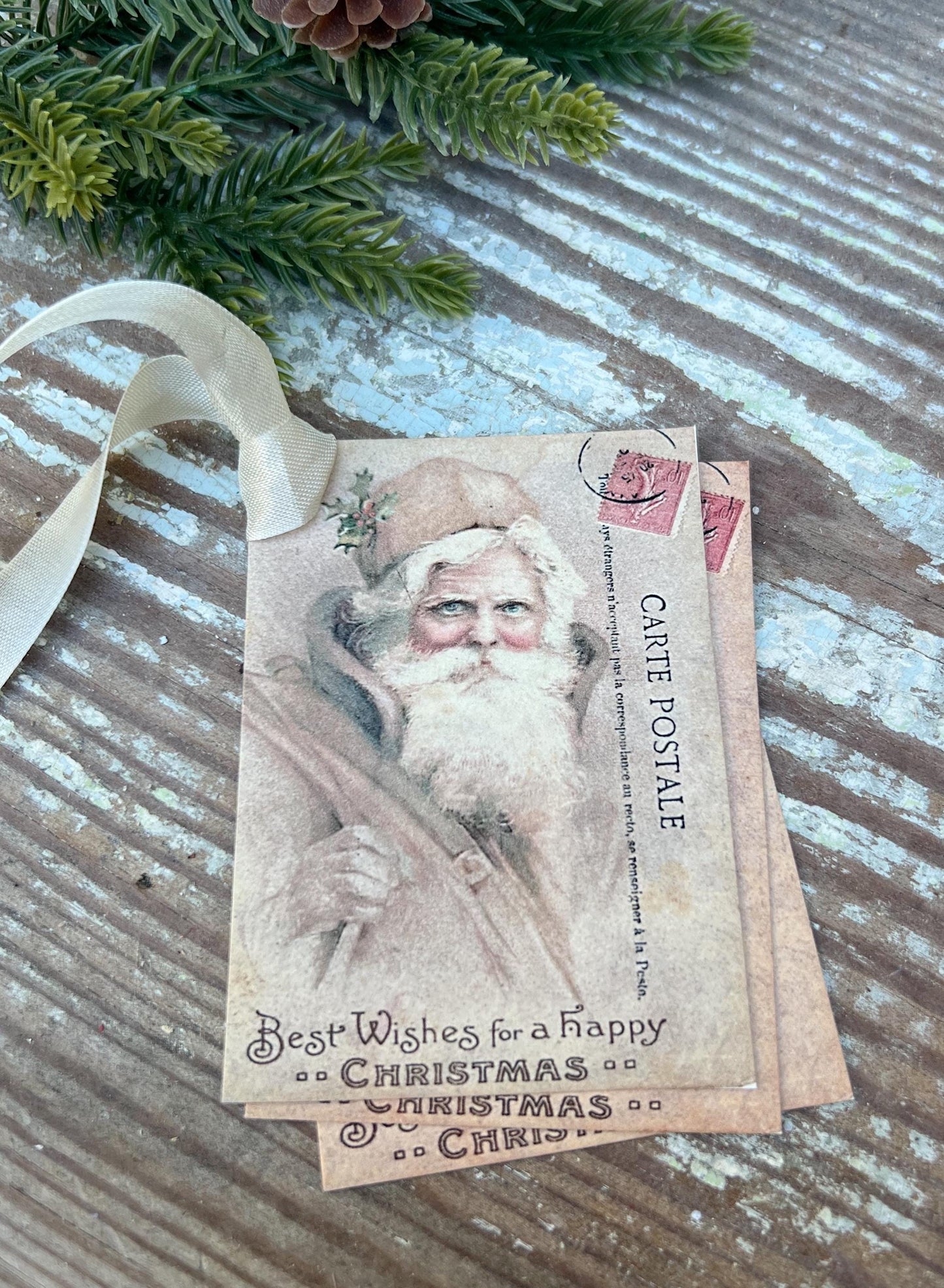 SANTA POST CARD Christmas Vintage Gift Tags Farmhouse Christmas Decor Card French Shabby Gift Wrap Father Christmas