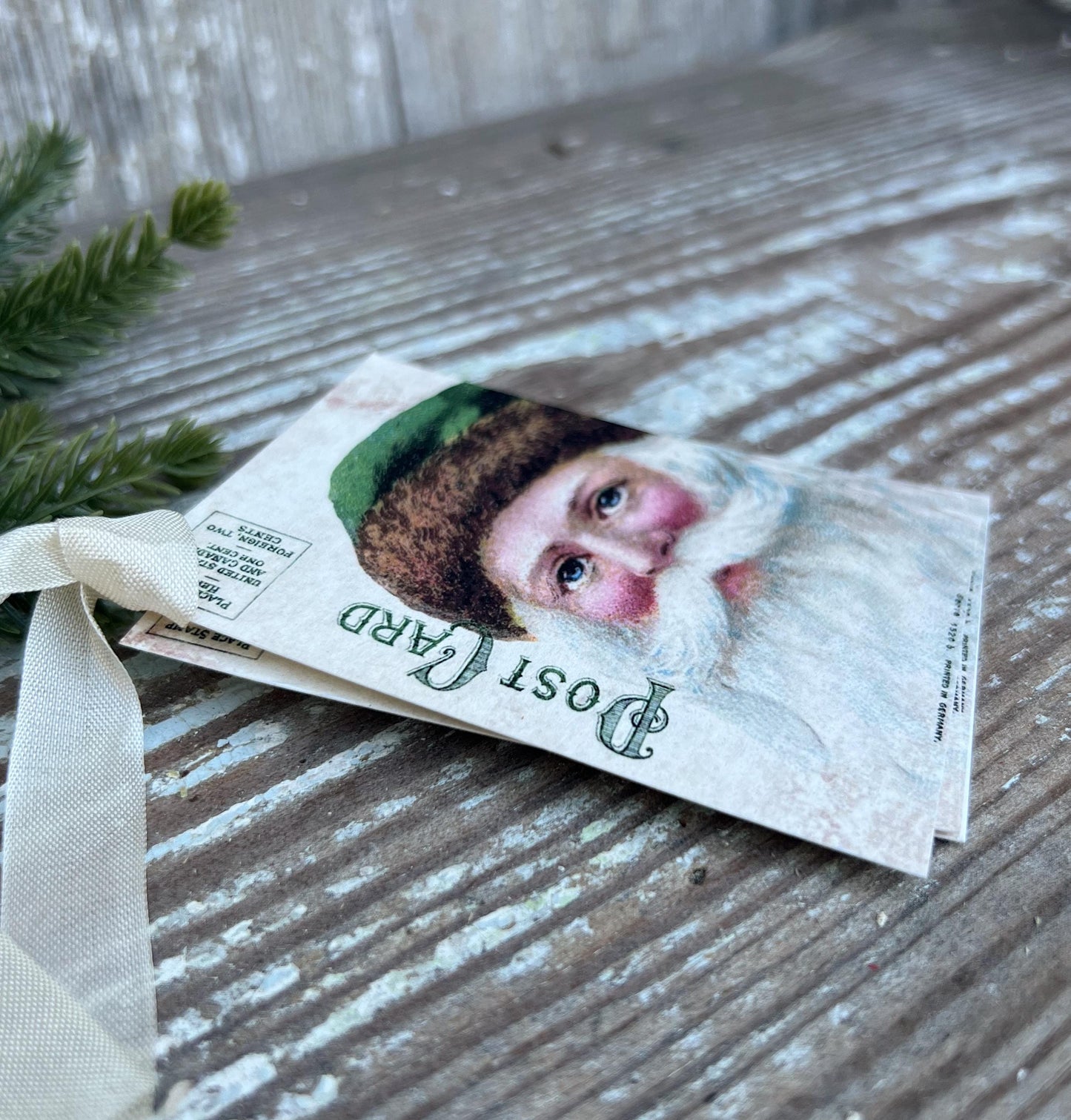SANTA Christmas Vintage Gift Tags Green Post Card Farmhouse Christmas Decor Card French Shabby Gift Wrap