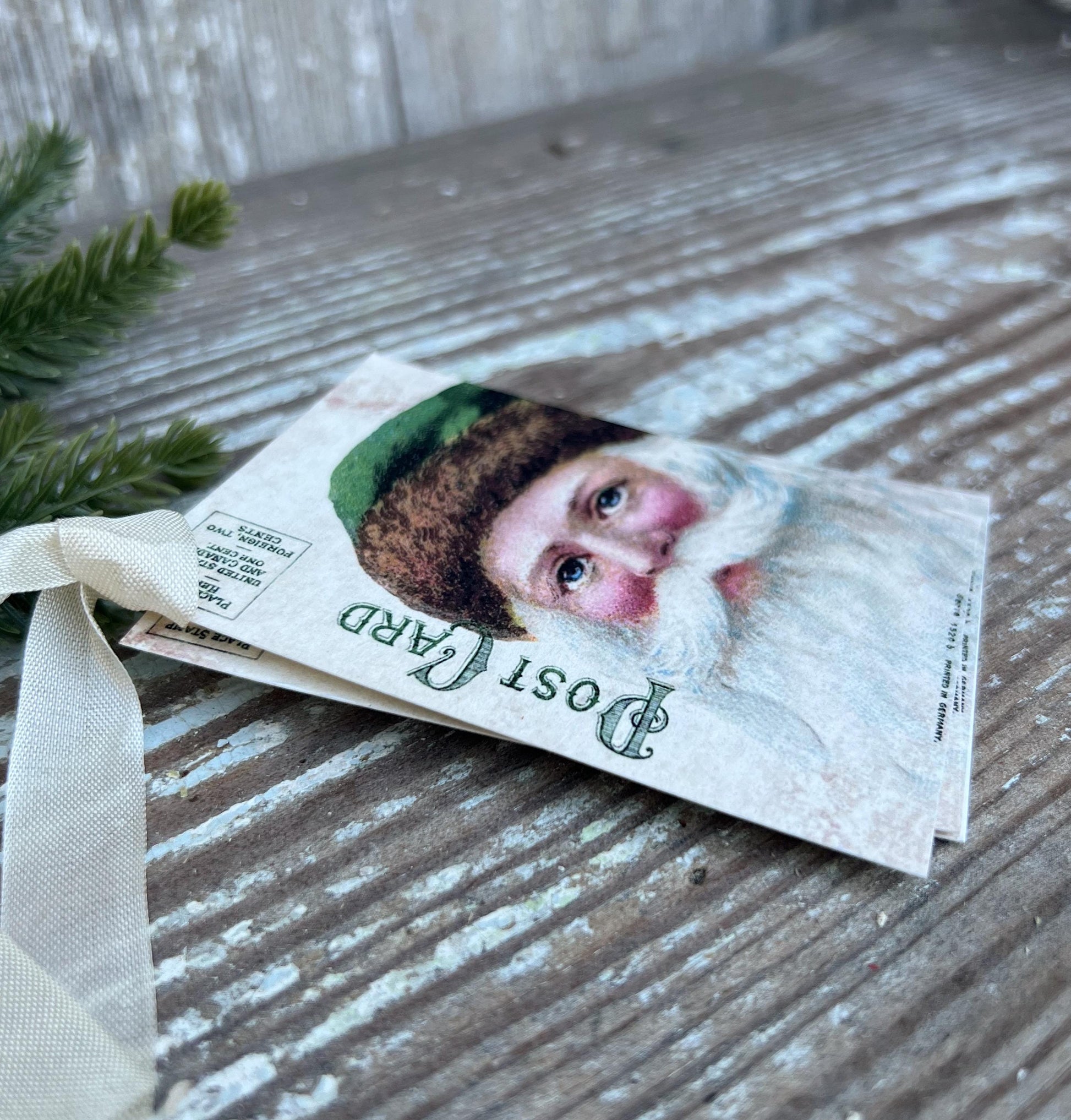 SANTA Christmas Vintage Gift Tags Green Post Card Farmhouse Christmas Decor Card French Shabby Gift Wrap