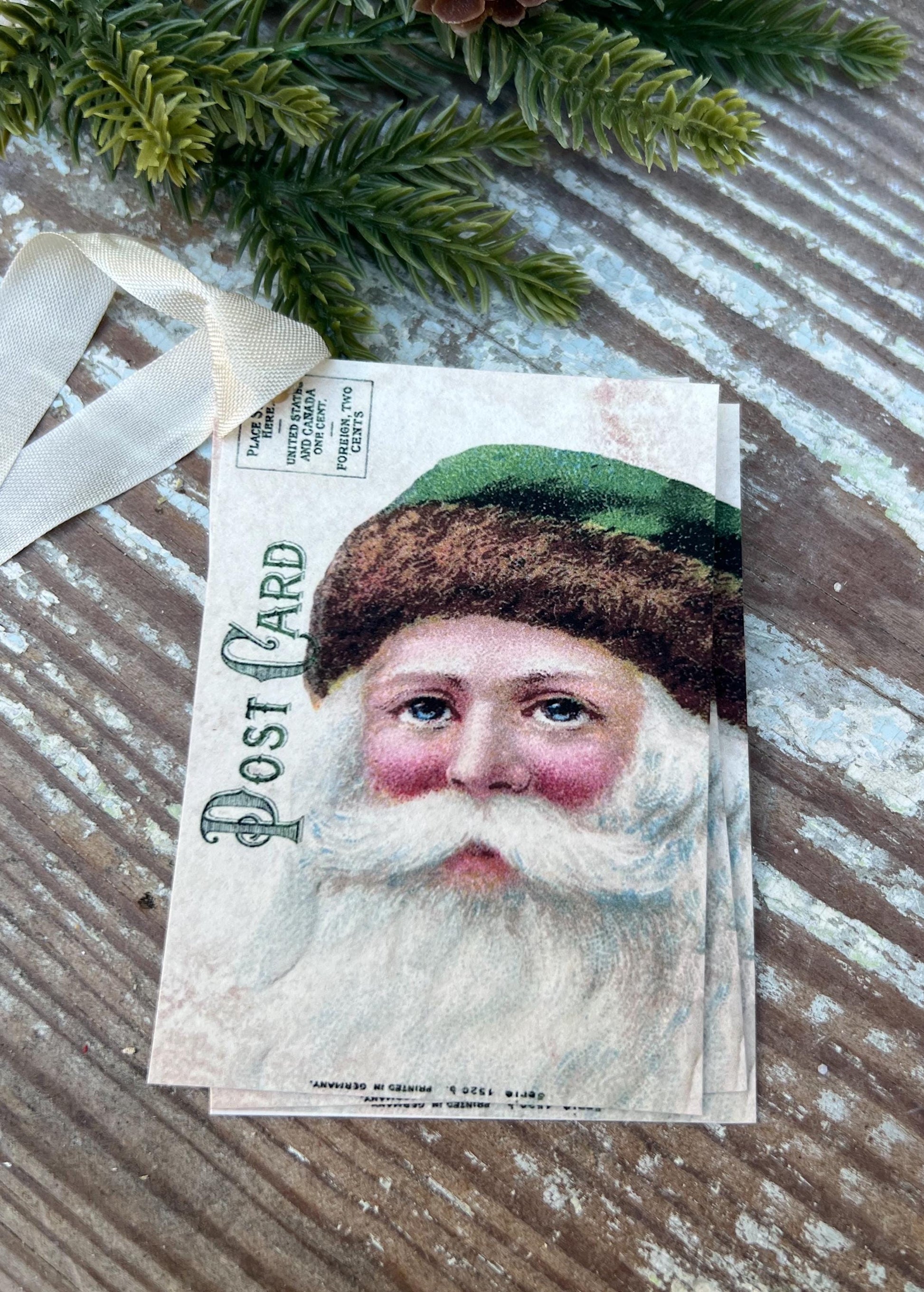 SANTA Christmas Vintage Gift Tags Green Post Card Farmhouse Christmas Decor Card French Shabby Gift Wrap