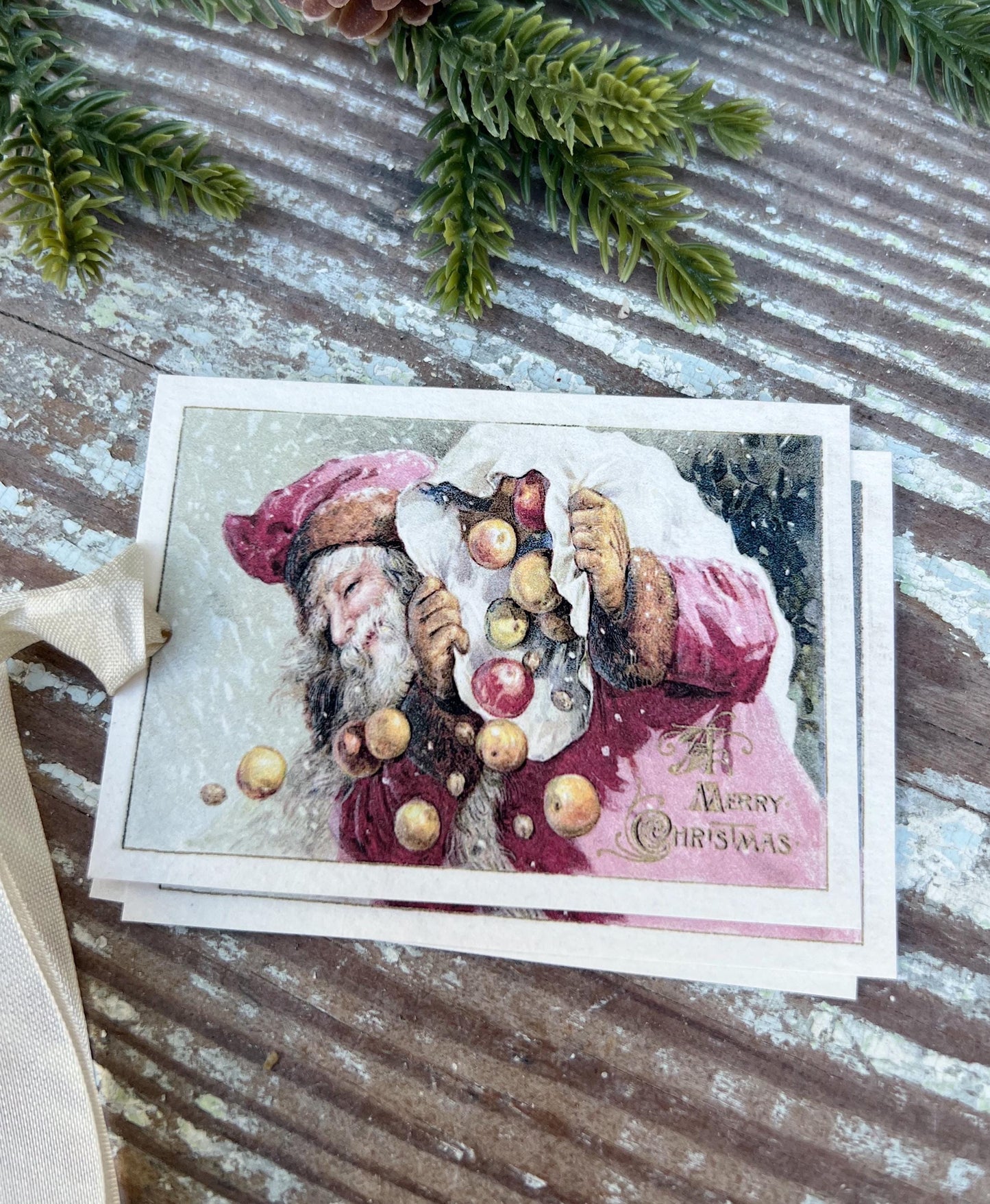 SANTA with Bag Merry Christmas Vintage Gift Tags Farmhouse Christmas Decor Card French Shabby Gift Wrap