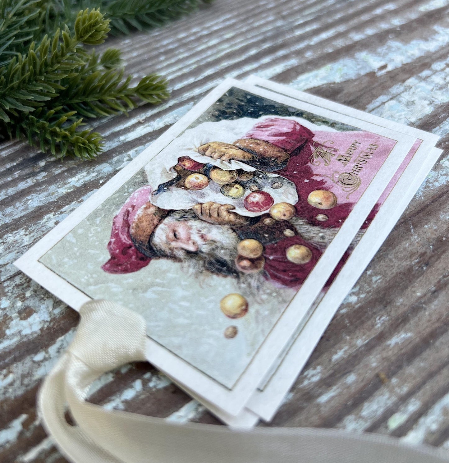 SANTA with Bag Merry Christmas Vintage Gift Tags Farmhouse Christmas Decor Card French Shabby Gift Wrap