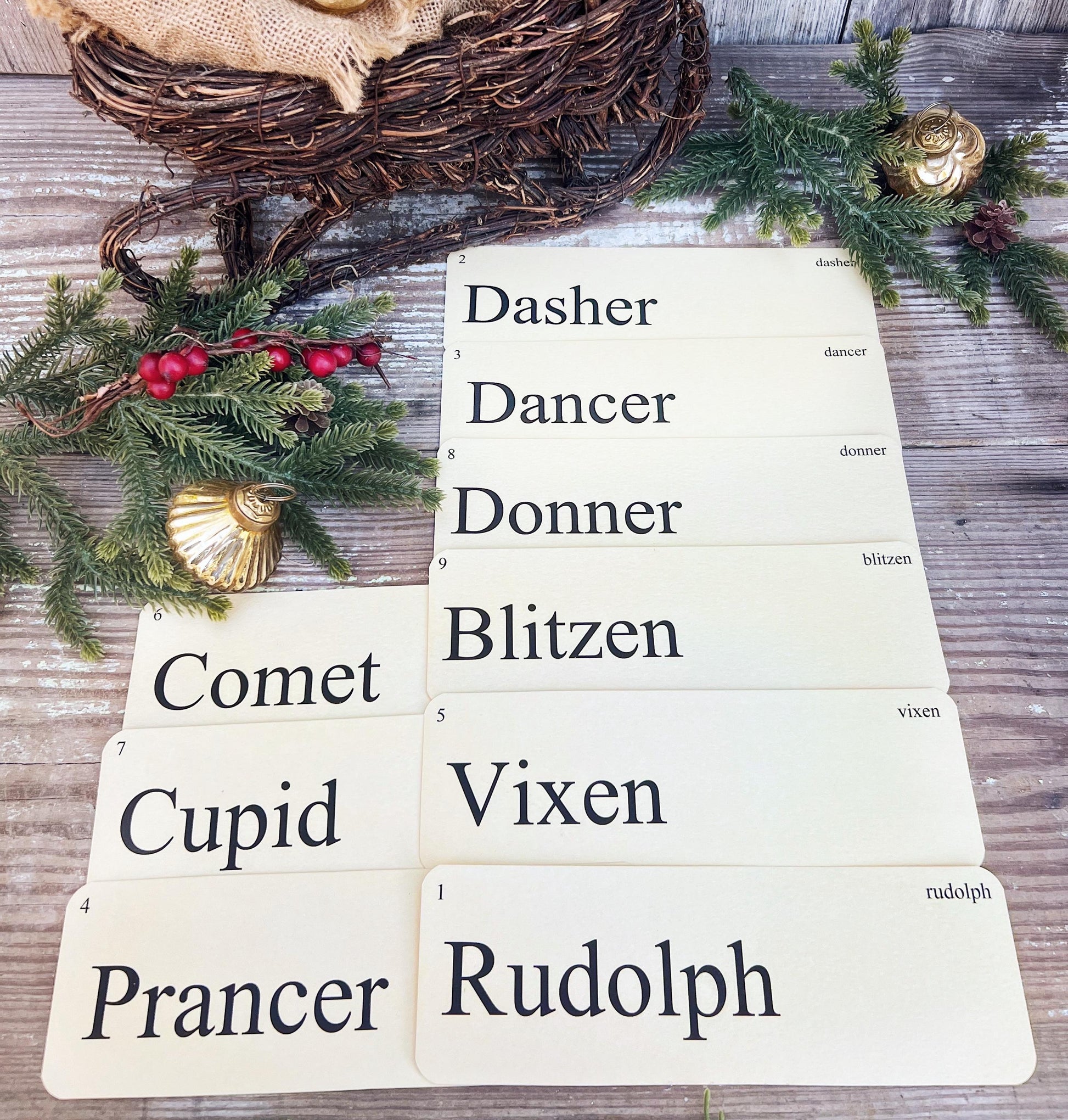 Santa’s REINDEER Christmas Flash Cards LARGE Vintage Inspired Flashcard Set Of 9 Farmhouse Decor Holiday Primitive Retro Christmas