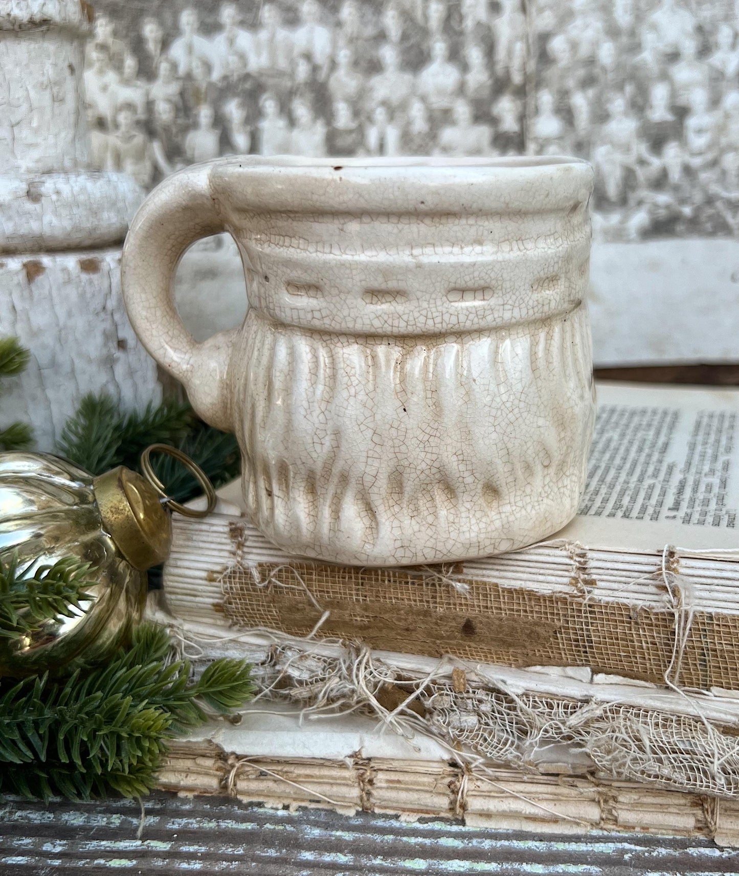 Vintage Ironstone Santa Claus Cup Mug FULL SIZE Creamy White Santa Farmhouse Christmas Decor RARE Japan Crazing Grungy Heavily Crazed
