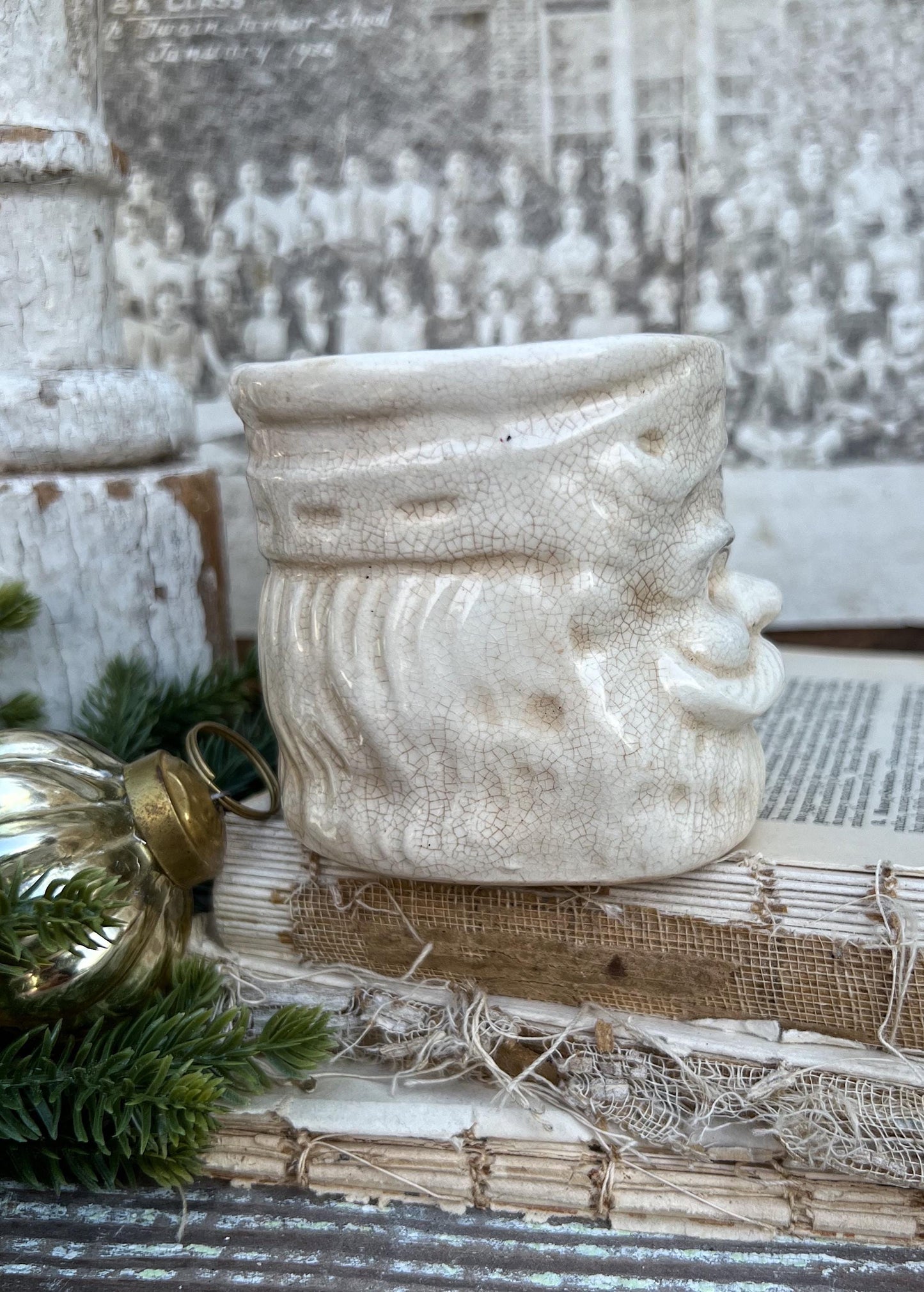 Vintage Ironstone Santa Claus Cup Mug FULL SIZE Creamy White Santa Farmhouse Christmas Decor RARE Japan Crazing Grungy Heavily Crazed