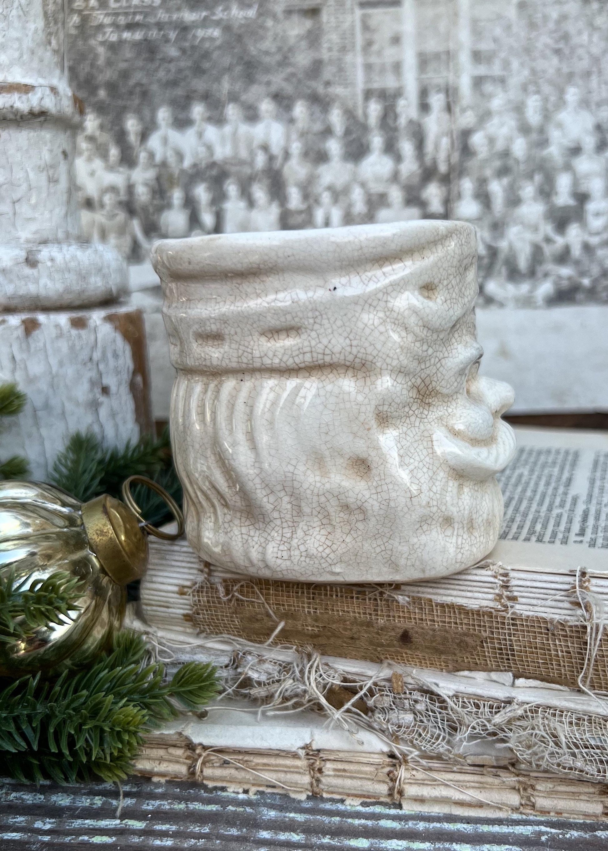 Vintage Ironstone Santa Claus Cup Mug FULL SIZE Creamy White Santa Farmhouse Christmas Decor RARE Japan Crazing Grungy Heavily Crazed