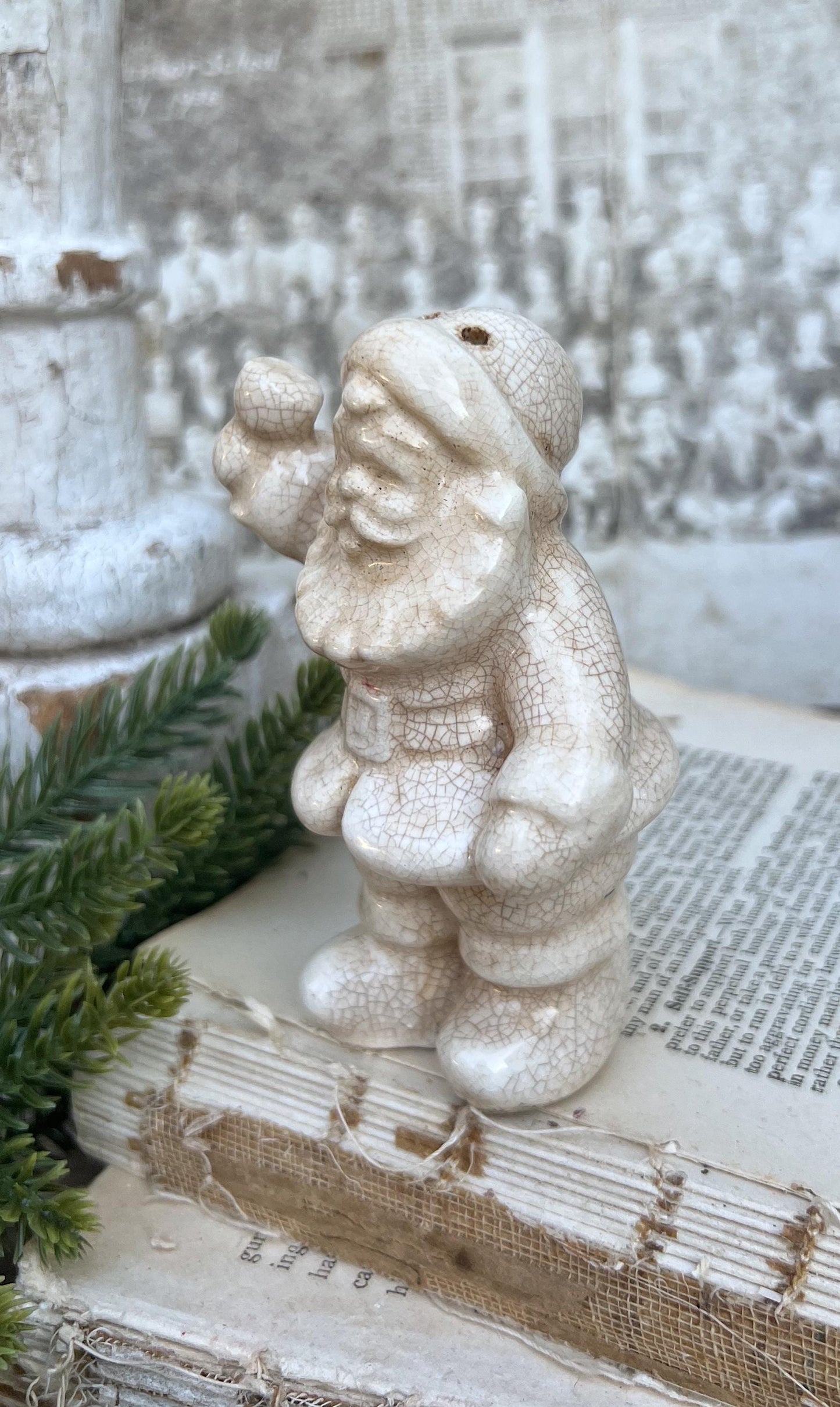 Vintage Ironstone Santa Claus Salt Shaker Creamy WHITE Farmhouse Christmas Decor Bell Stained Crazing