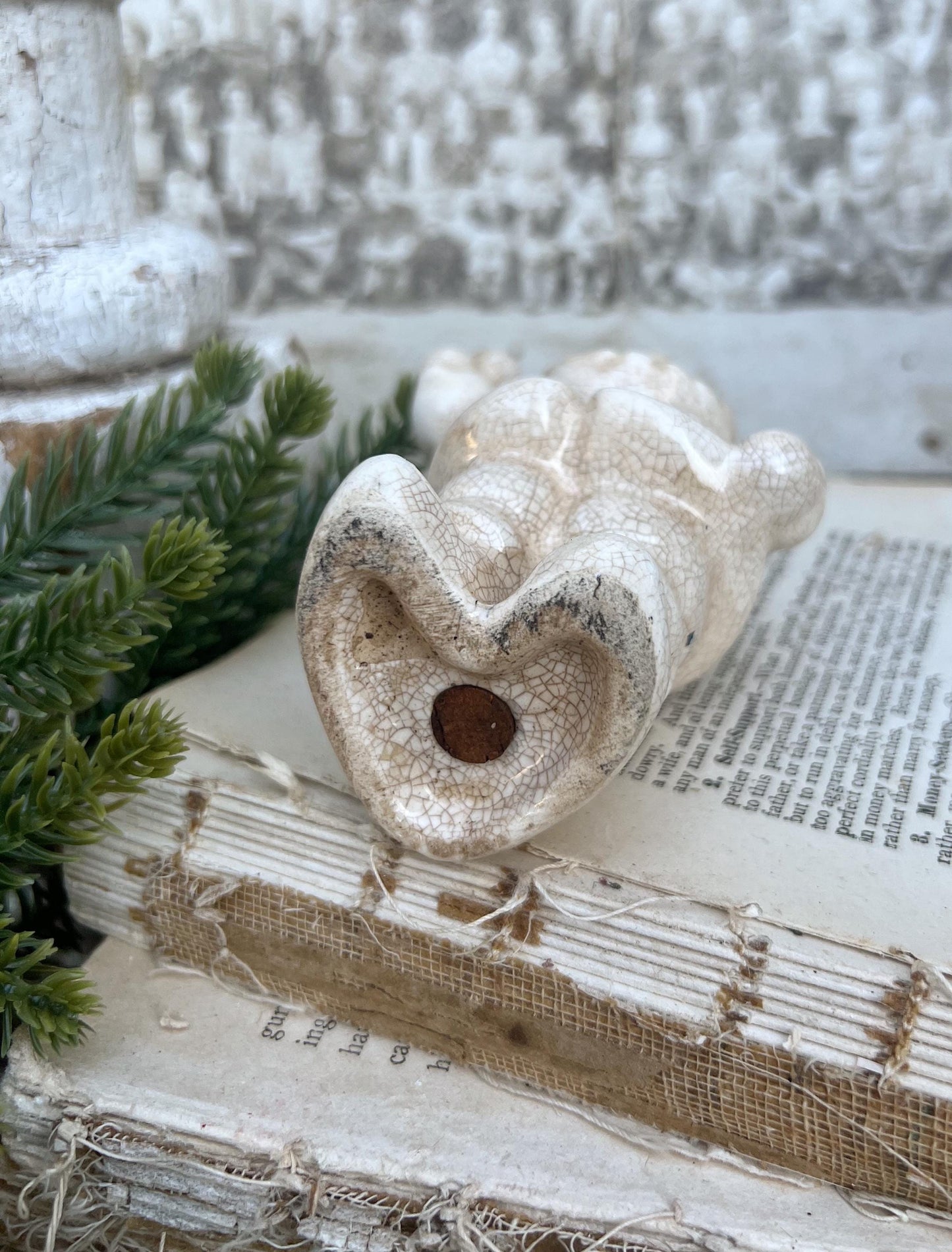 Vintage Ironstone Santa Claus Salt Shaker Creamy WHITE Farmhouse Christmas Decor Bell Stained Crazing