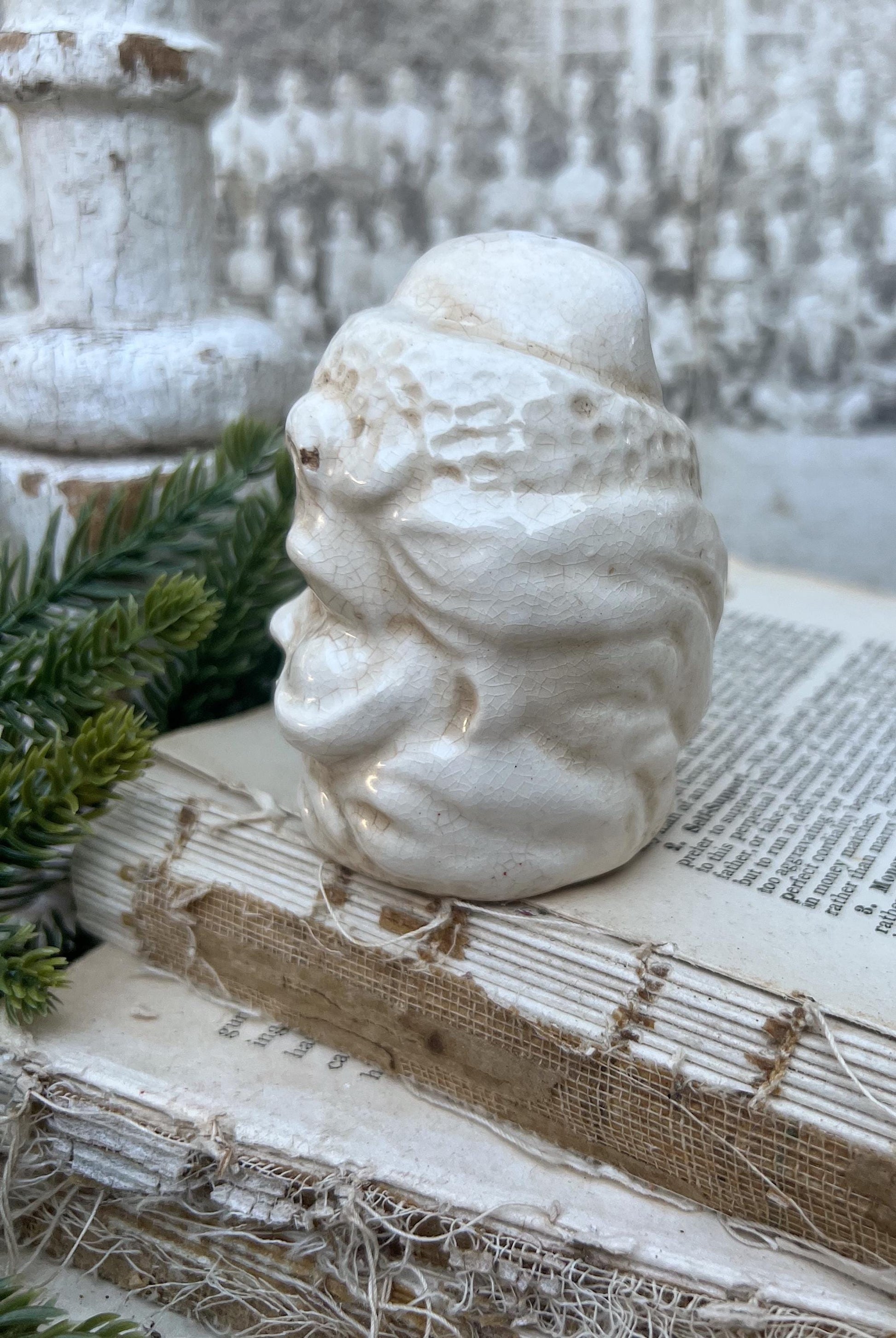 Vintage Ironstone Santa Claus Salt Shaker Creamy WHITE Crazed Stained Farmhouse Christmas Decor