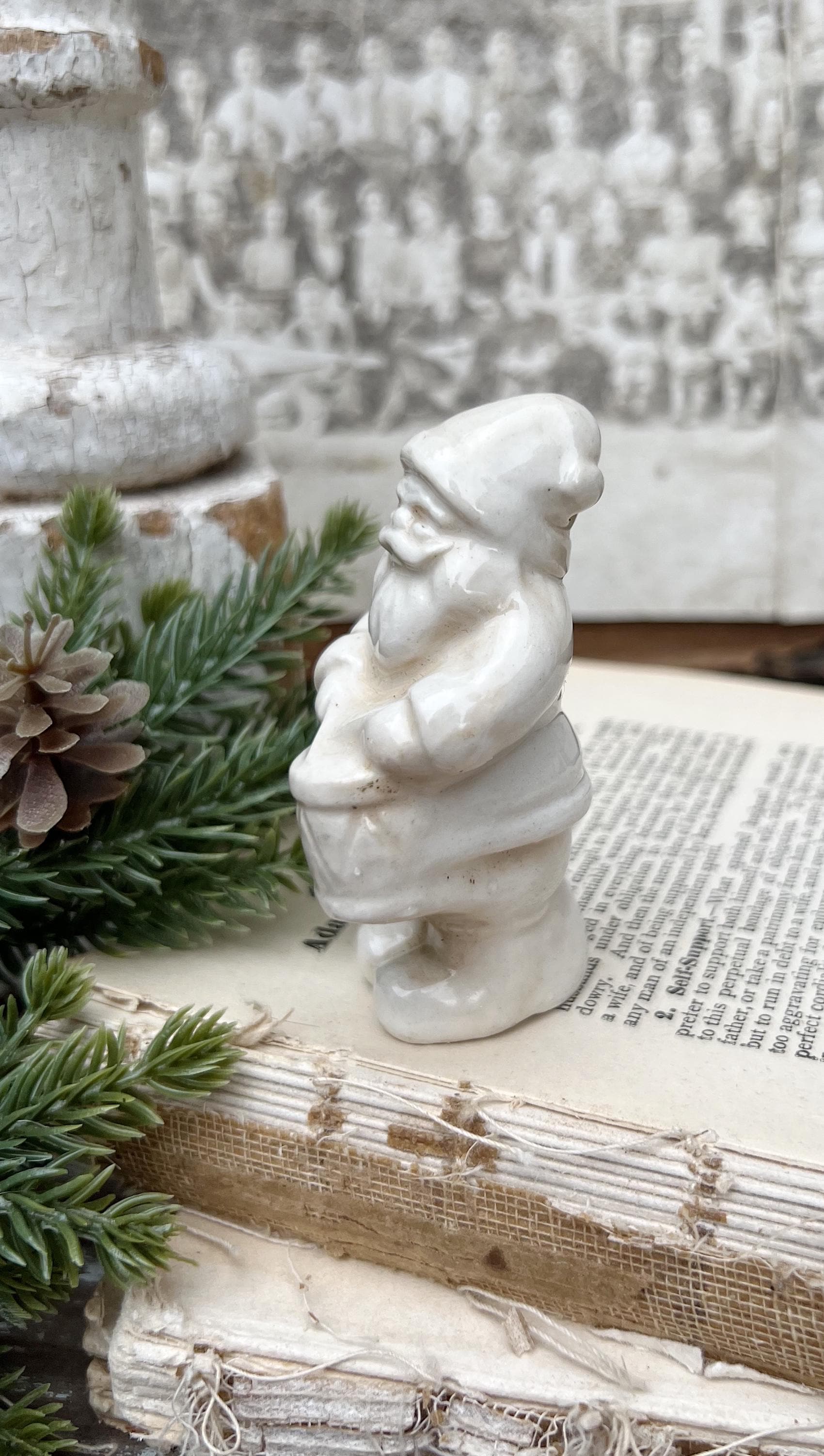Vintage Ironstone Santa Claus Salt Shaker DRUM Creamy WHITE Farmhouse Christmas Decor Stained Crazing