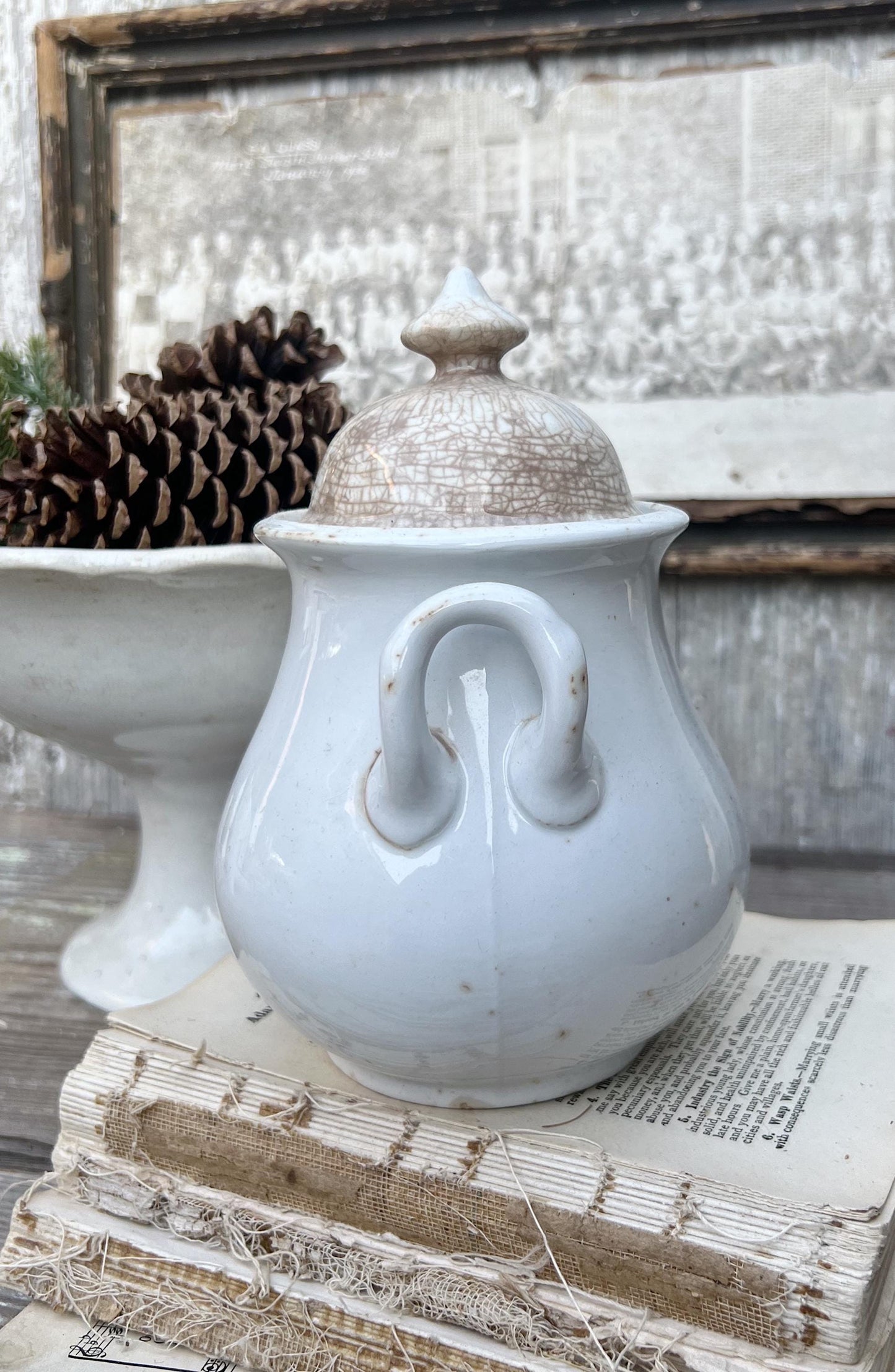Antique White Ironstone Sugar Bowl Biscuit Jar With Lid Royal Stoneware WEDGEWOOD England Farmhouse Decor English Ironstone Crazed Stained