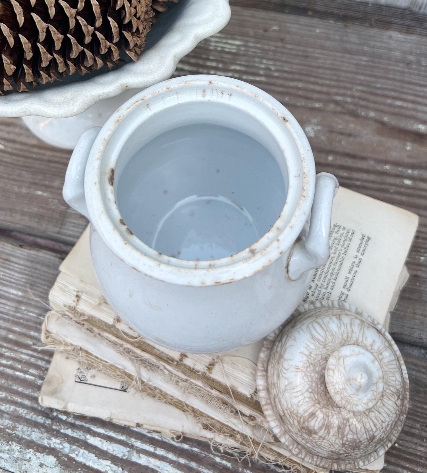 Antique White Ironstone Sugar Bowl Biscuit Jar With Lid Royal Stoneware WEDGEWOOD England Farmhouse Decor English Ironstone Crazed Stained