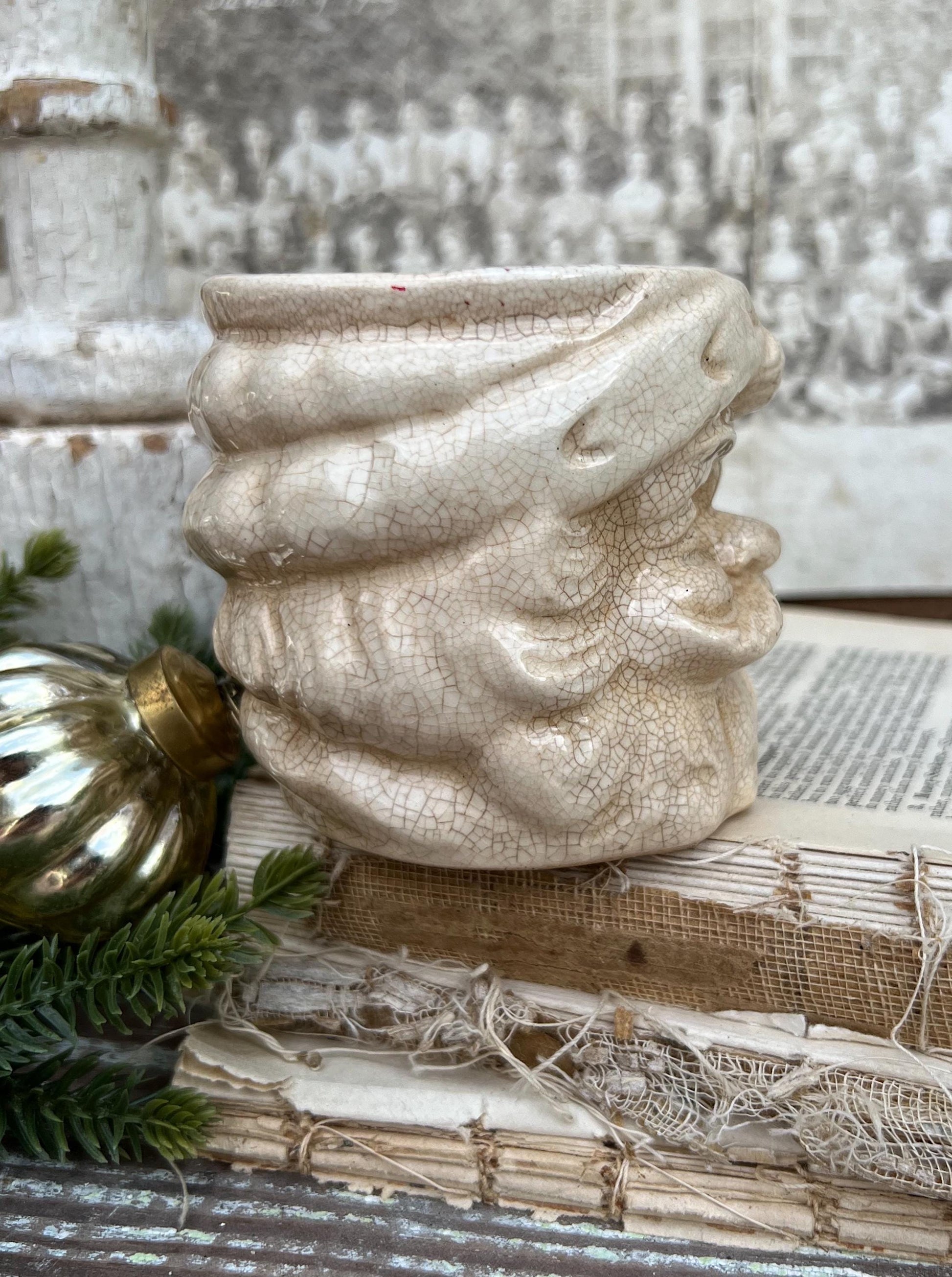 Vintage Ironstone Santa Claus Cup Mug FULL SIZE Creamy White Santa Farmhouse Christmas Decor RARE Japan Crazing Grungy Crazed