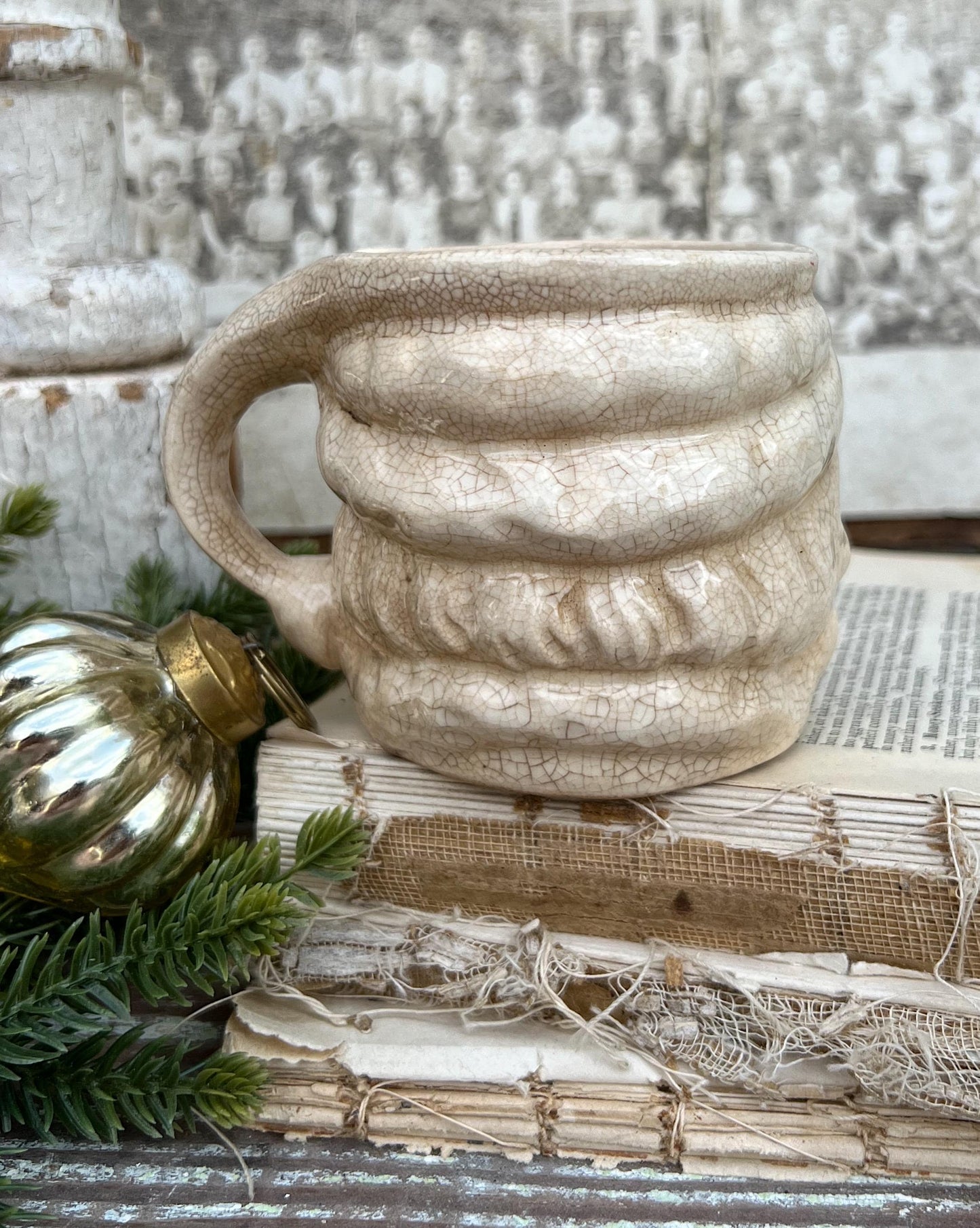 Vintage Ironstone Santa Claus Cup Mug FULL SIZE Creamy White Santa Farmhouse Christmas Decor RARE Japan Crazing Grungy Crazed