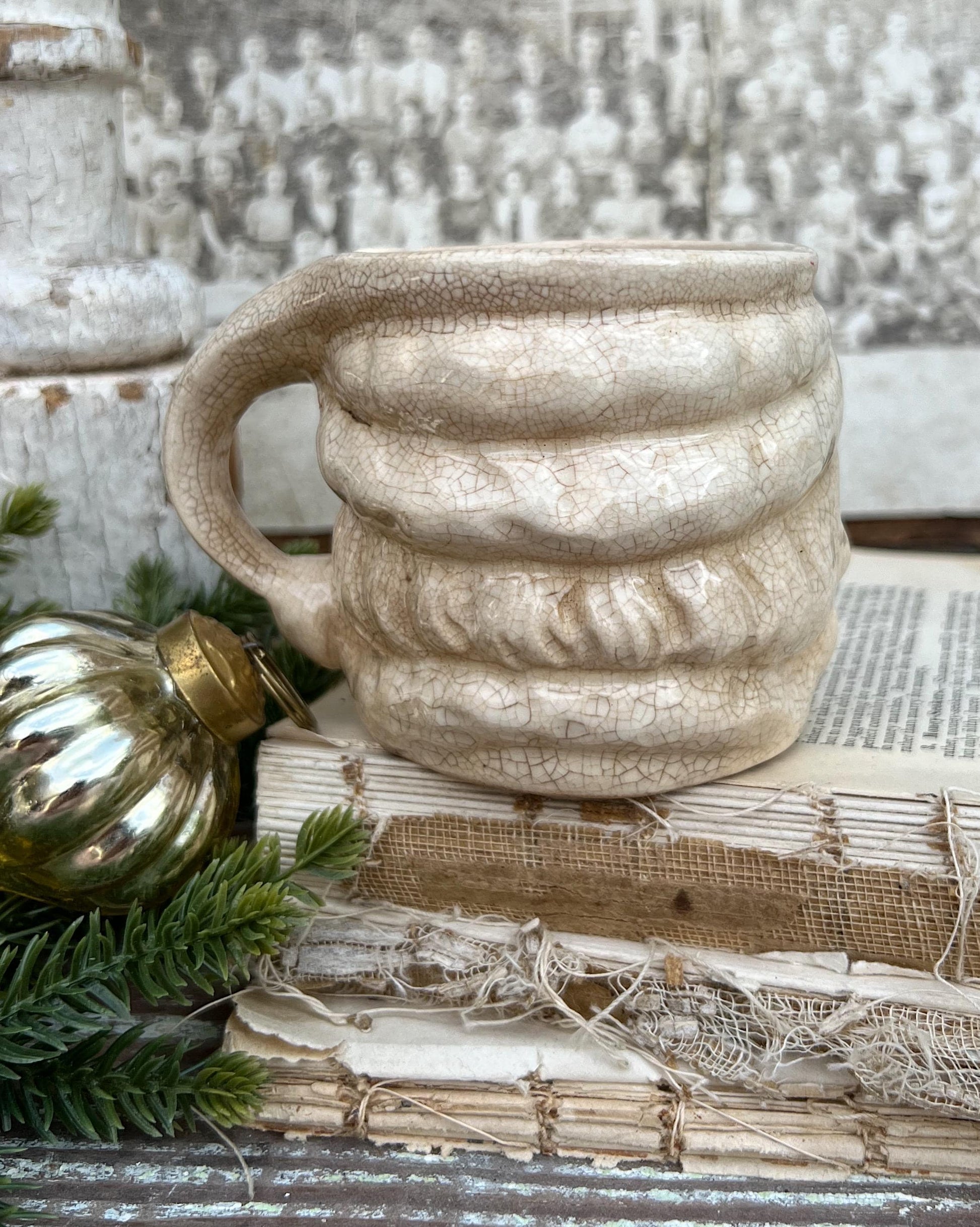 Vintage Ironstone Santa Claus Cup Mug FULL SIZE Creamy White Santa Farmhouse Christmas Decor RARE Japan Crazing Grungy Crazed