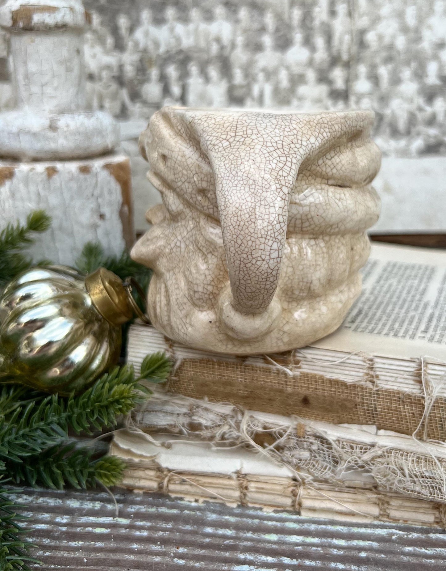 Vintage Ironstone Santa Claus Cup Mug FULL SIZE Creamy White Santa Farmhouse Christmas Decor RARE Japan Crazing Grungy Crazed