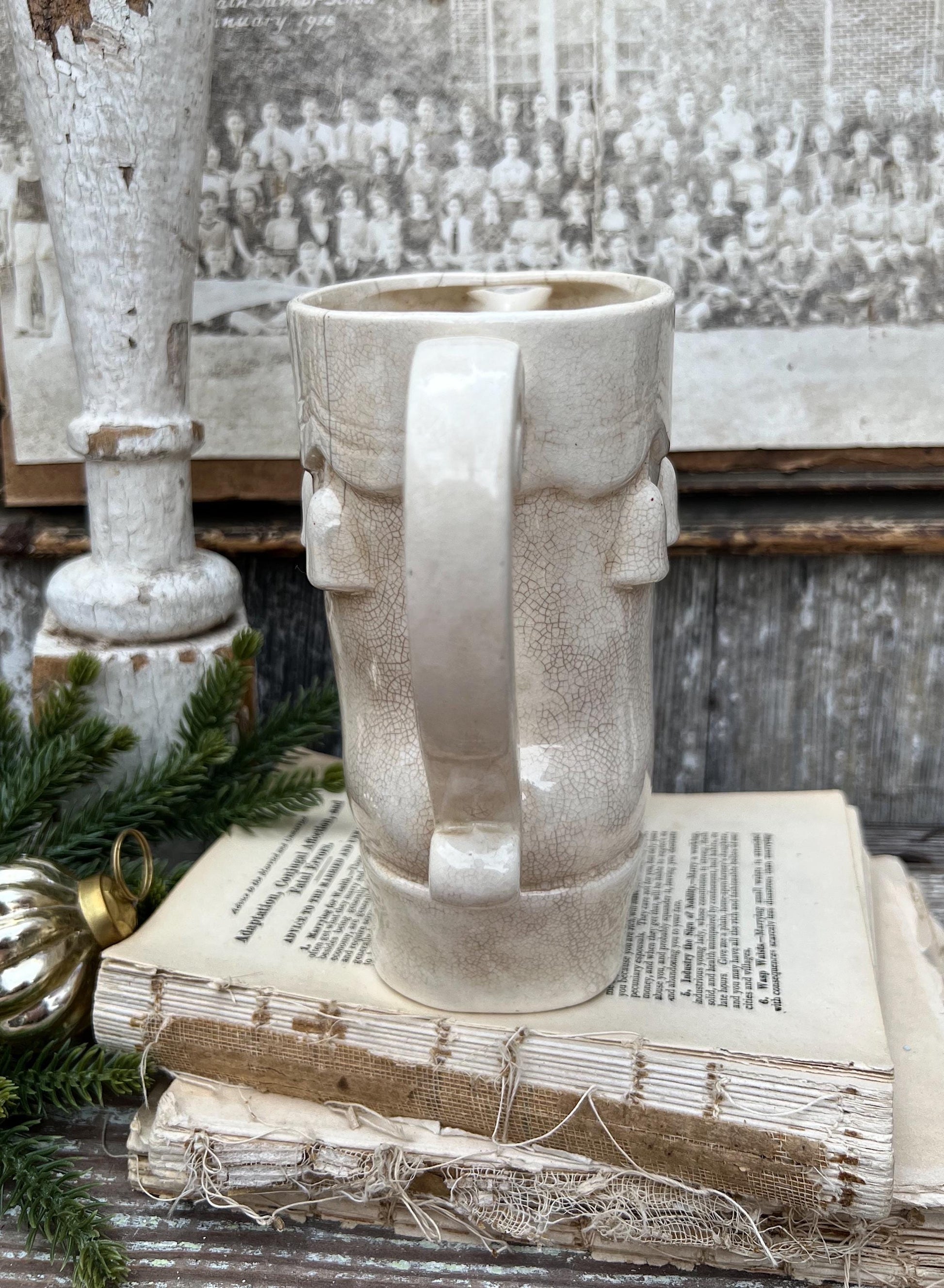 Vintage Ironstone Santa Claus ELF BOOT PITCHER Creamy White Santa Face Farmhouse Christmas Decor Paintless Grungy Crazing Crazed