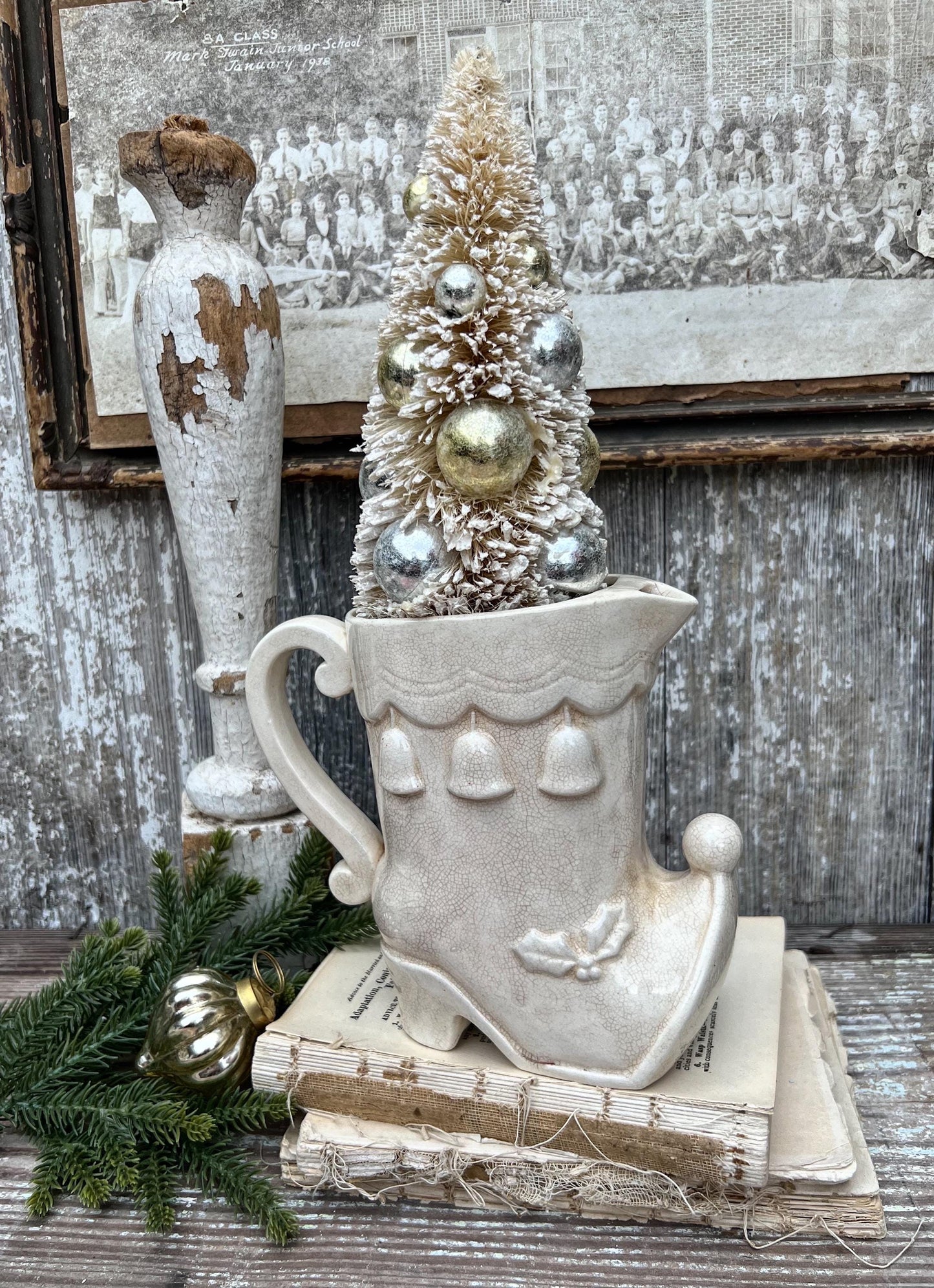 Vintage Ironstone Santa Claus ELF BOOT PITCHER Creamy White Santa Face Farmhouse Christmas Decor Paintless Grungy Crazing Crazed