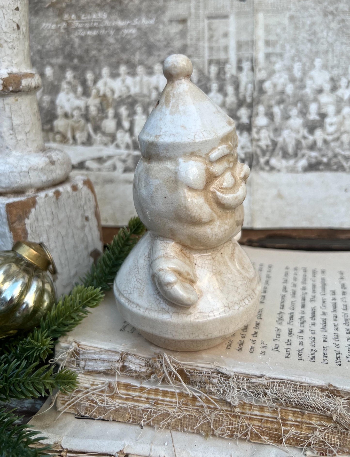 Vintage Ironstone Santa Claus Salt Shaker Creamy WHITE Farmhouse Christmas Decor Stained Crazing HOLT HOWARD 1960