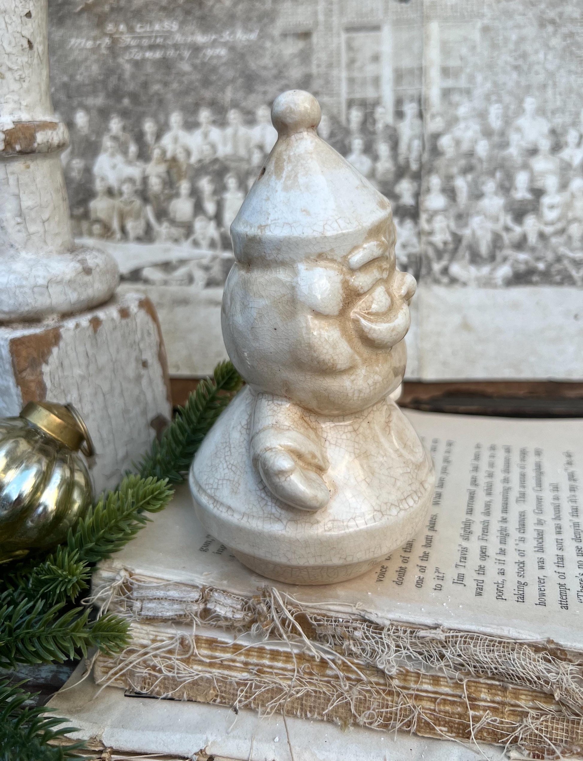Vintage Ironstone Santa Claus Salt Shaker Creamy WHITE Farmhouse Christmas Decor Stained Crazing HOLT HOWARD 1960