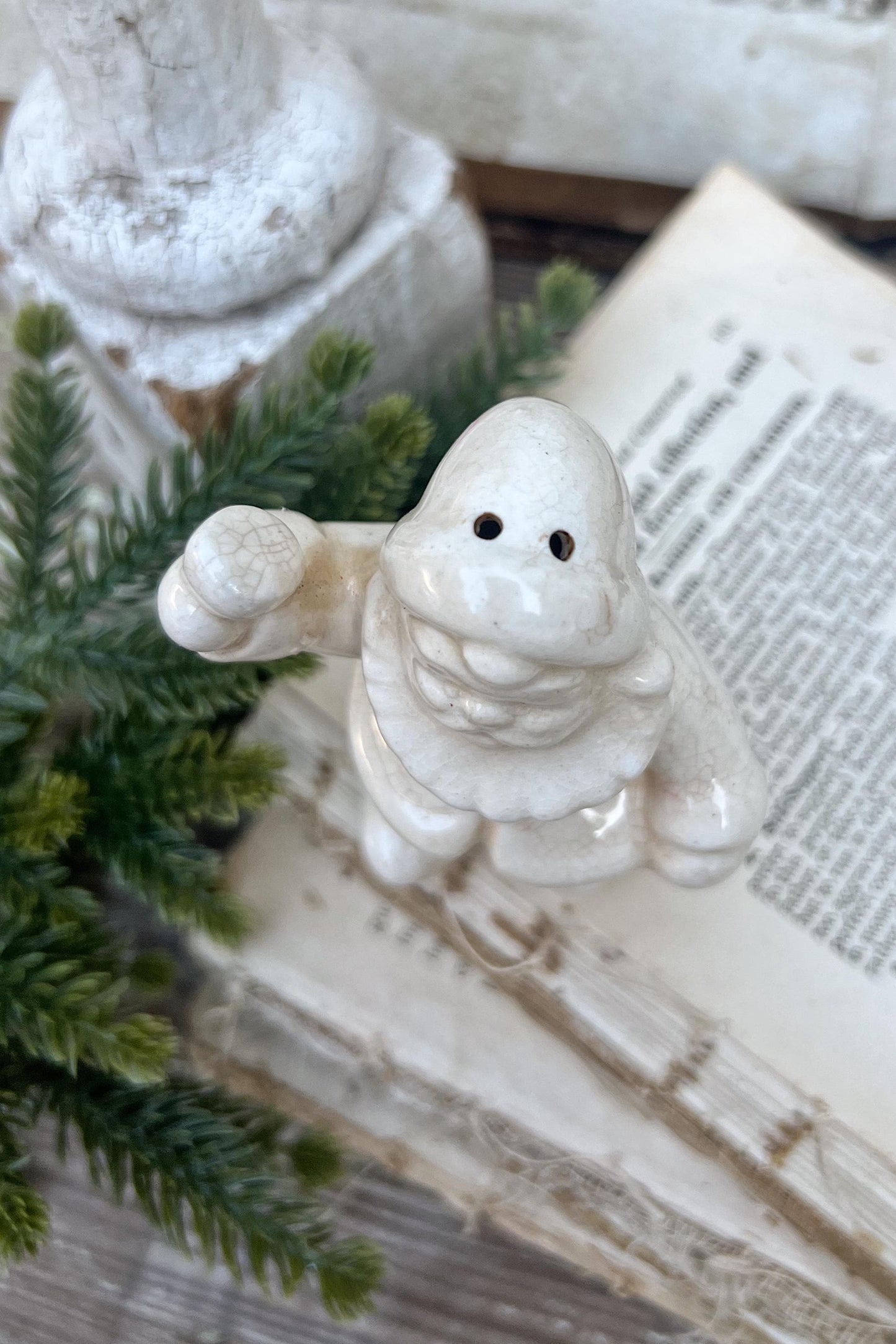 Vintage Ironstone Santa Claus Salt Shaker Creamy WHITE Farmhouse Christmas Decor Bell Stained Crazing