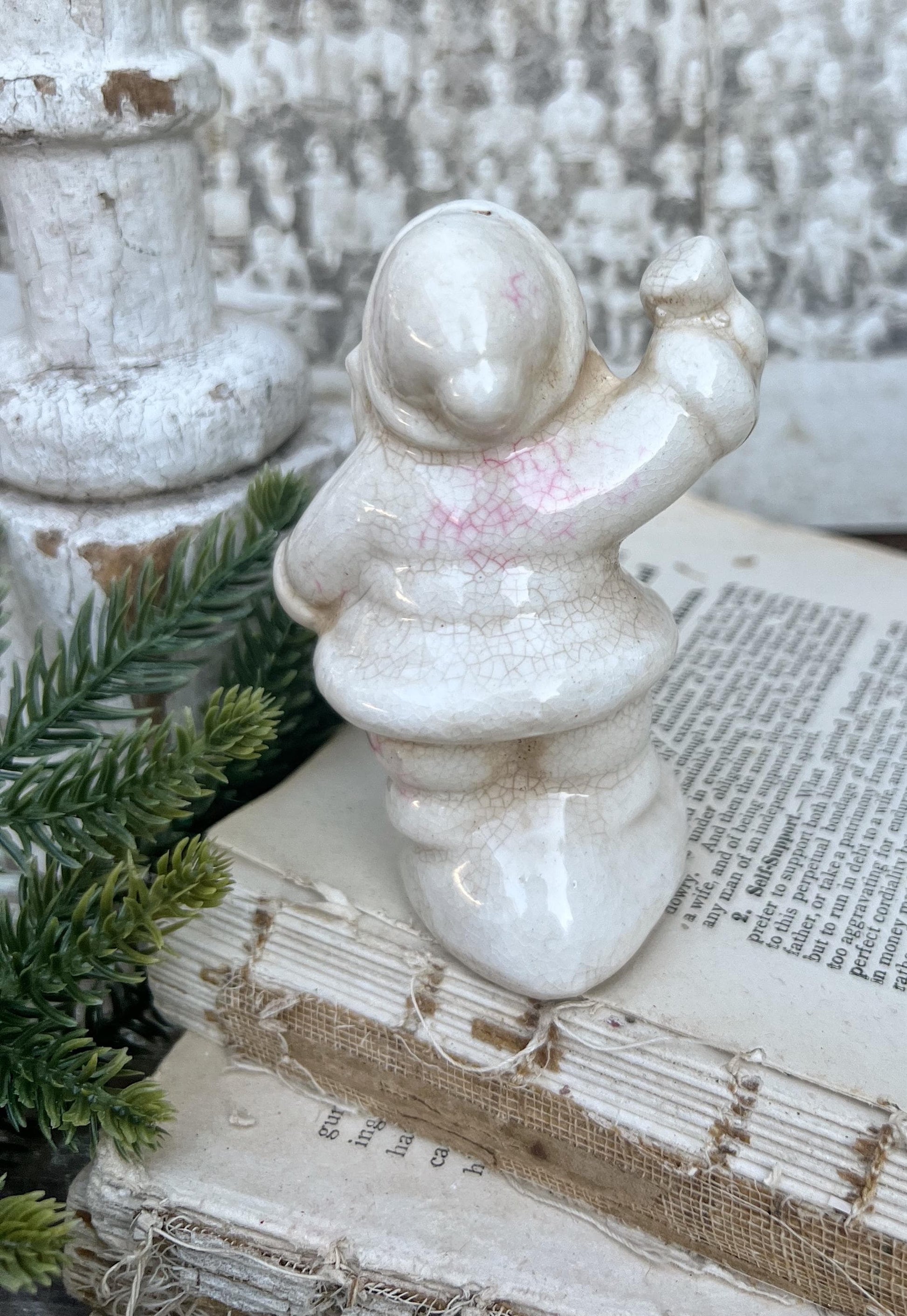 Vintage Ironstone Santa Claus Salt Shaker Creamy WHITE Farmhouse Christmas Decor Bell Stained Crazing