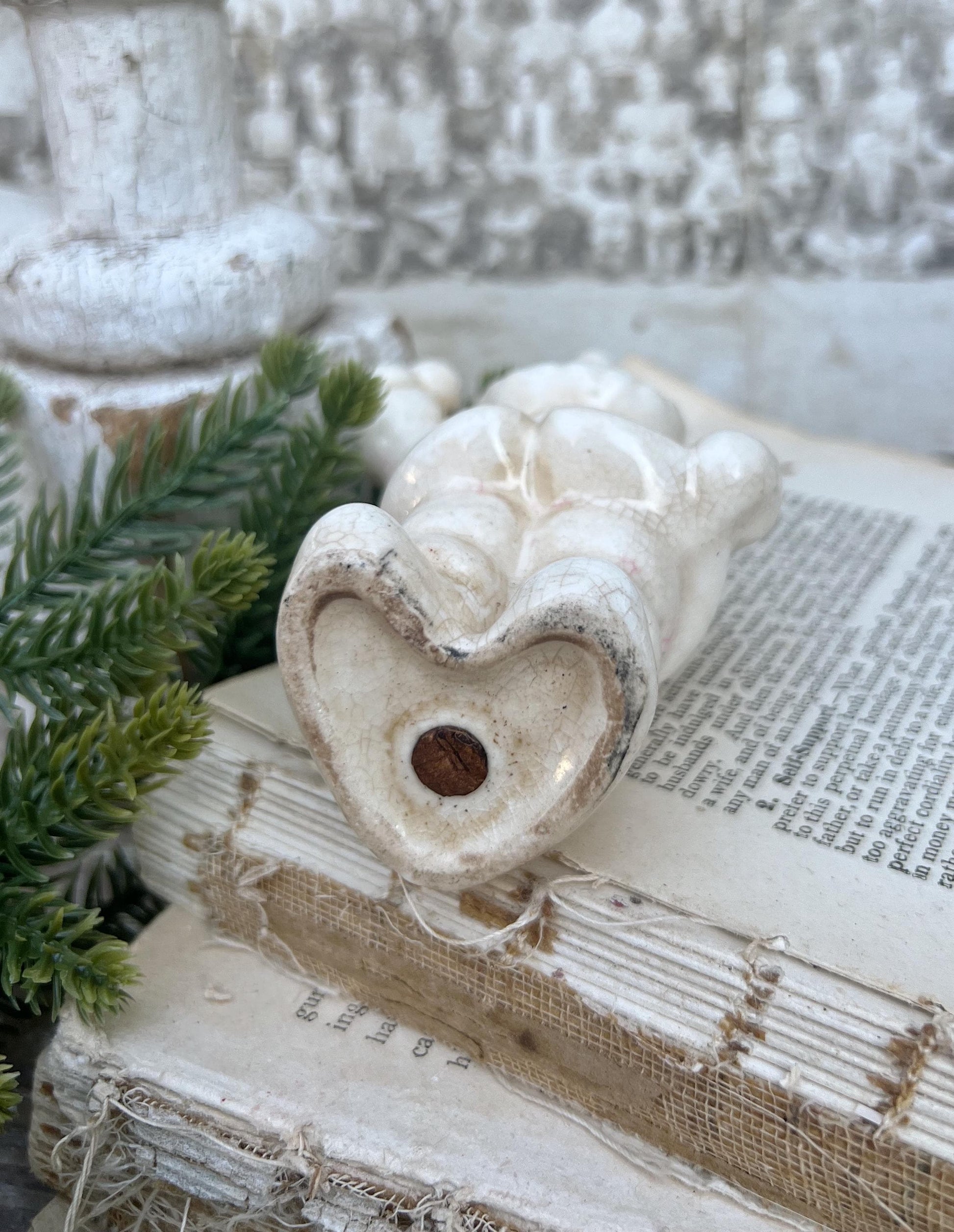 Vintage Ironstone Santa Claus Salt Shaker Creamy WHITE Farmhouse Christmas Decor Bell Stained Crazing