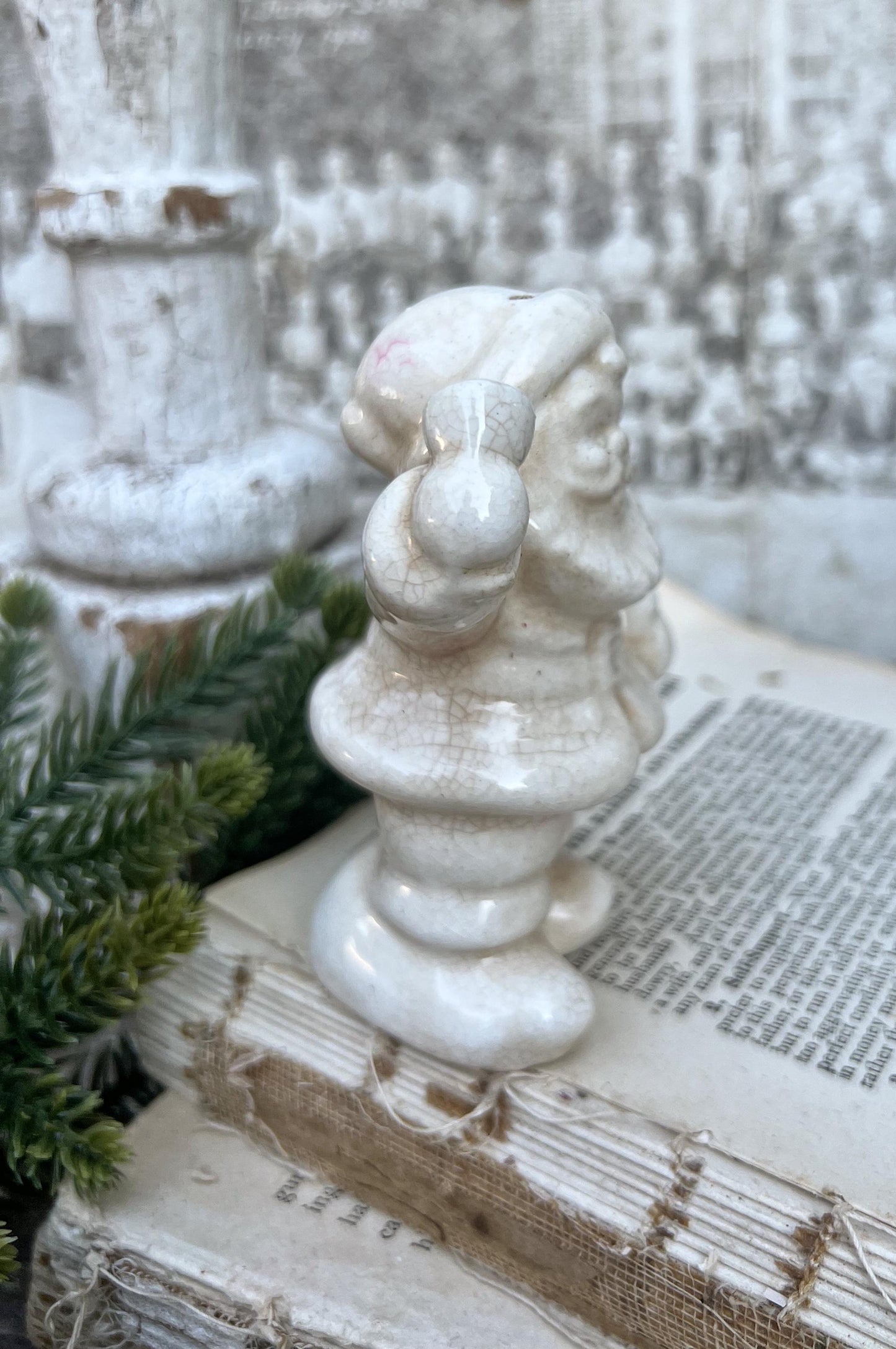 Vintage Ironstone Santa Claus Salt Shaker Creamy WHITE Farmhouse Christmas Decor Bell Stained Crazing