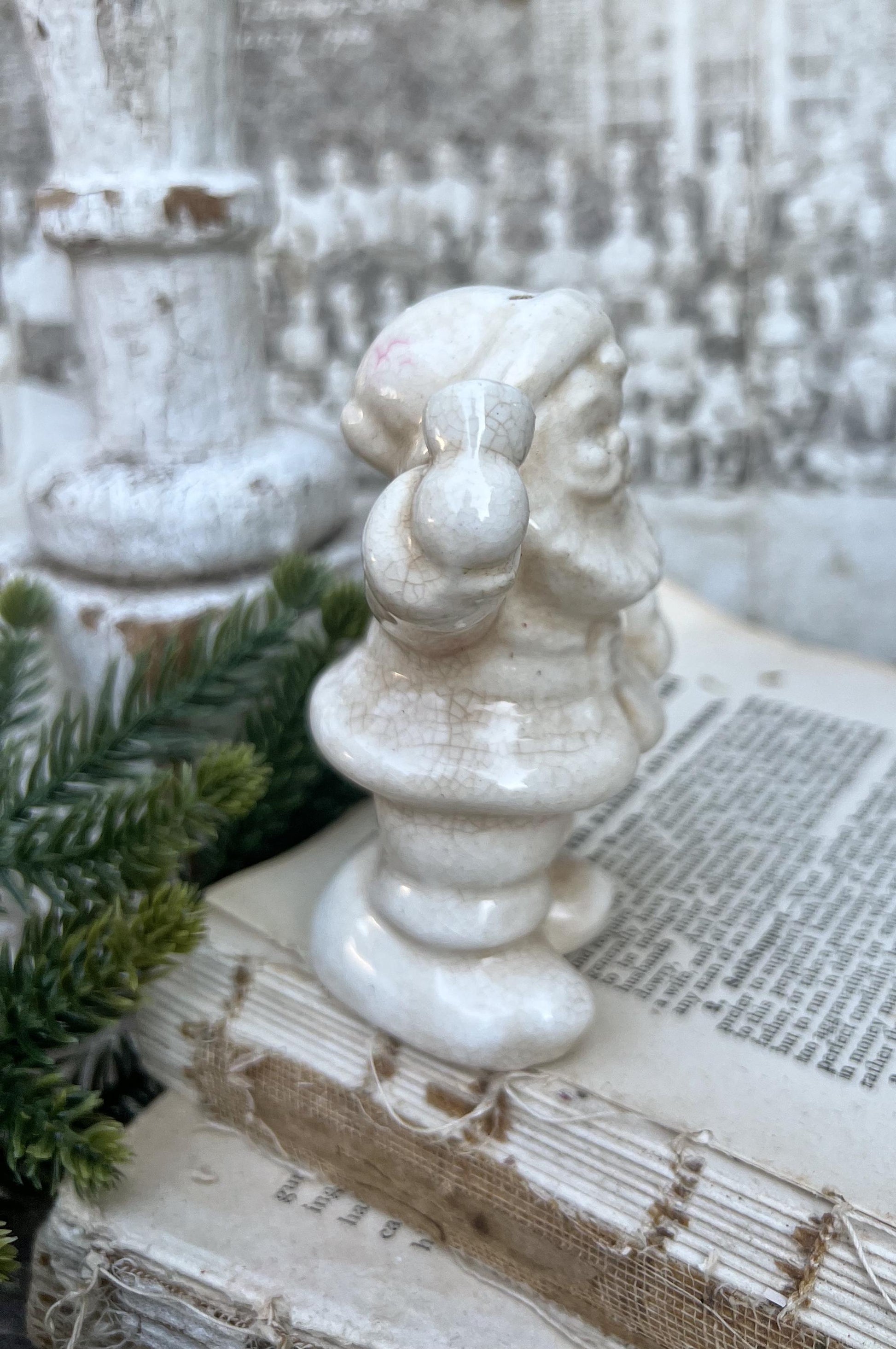 Vintage Ironstone Santa Claus Salt Shaker Creamy WHITE Farmhouse Christmas Decor Bell Stained Crazing