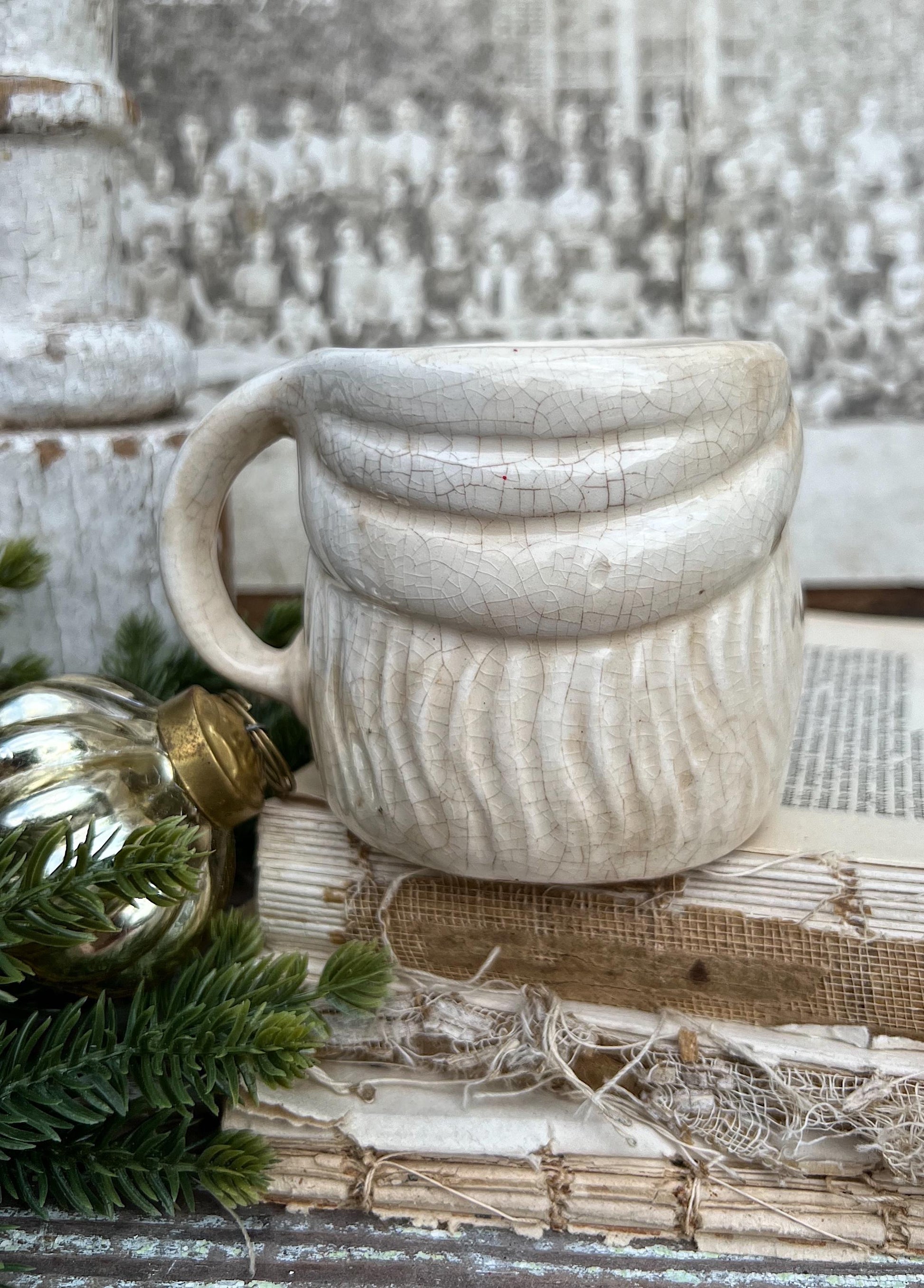 Vintage Ironstone Santa Claus Cup Mug FULL SIZE Creamy White Santa Farmhouse Christmas Decor RARE Japan Crazing Grungy Crazed
