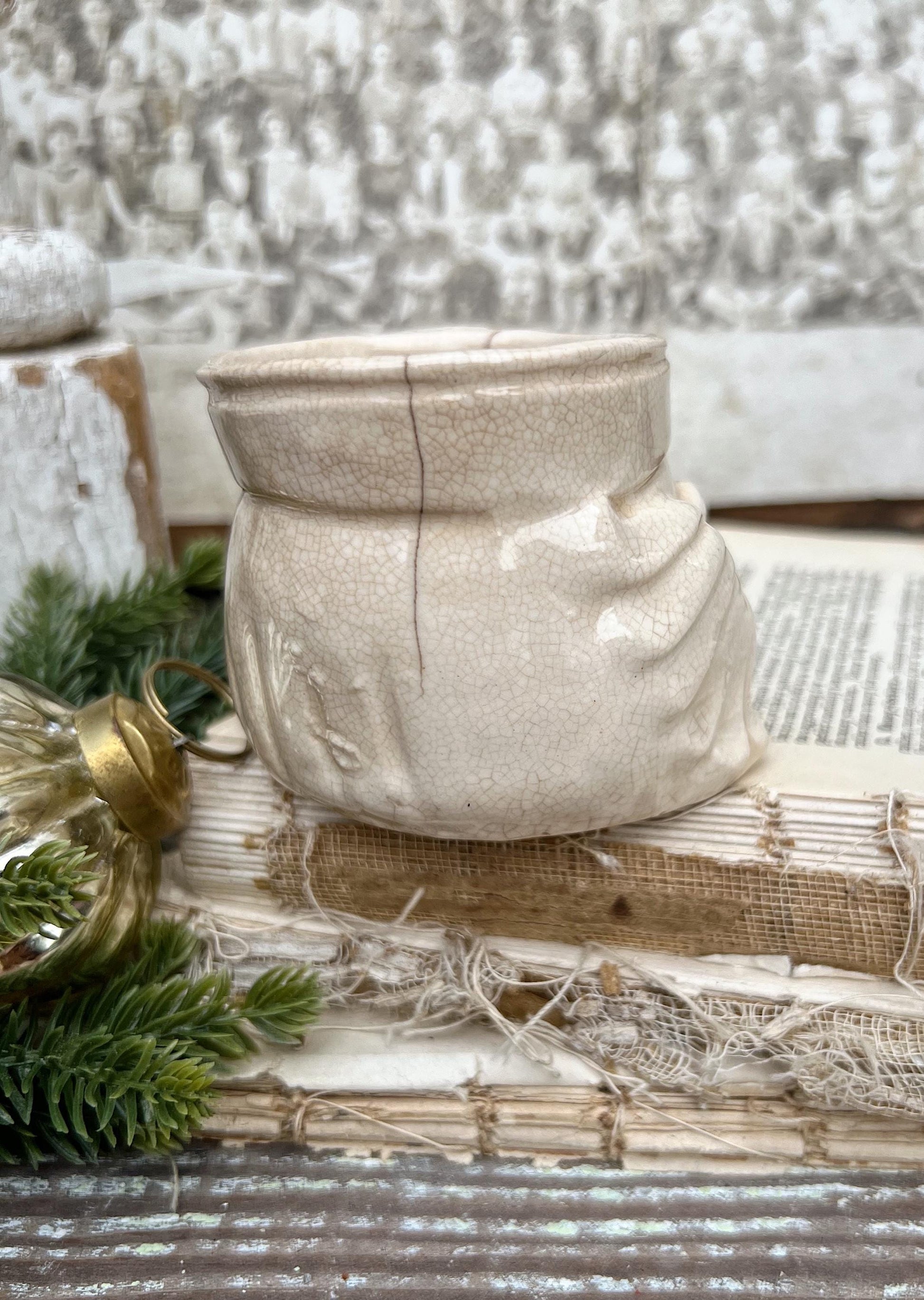 Vintage Ironstone Santa Claus Cup Mug FULL SIZE Cream Santa White Farmhouse Christmas Decor RARE Japan Holt Howard Stained Crazed 1959