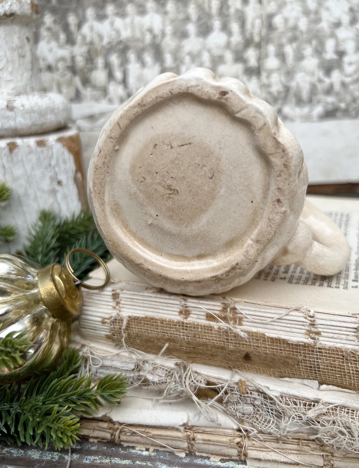 Vintage Ironstone Santa Claus Cup Mug FULL SIZE Cream Santa White Farmhouse Christmas Decor RARE Japan Holt Howard Stained Crazed 1959