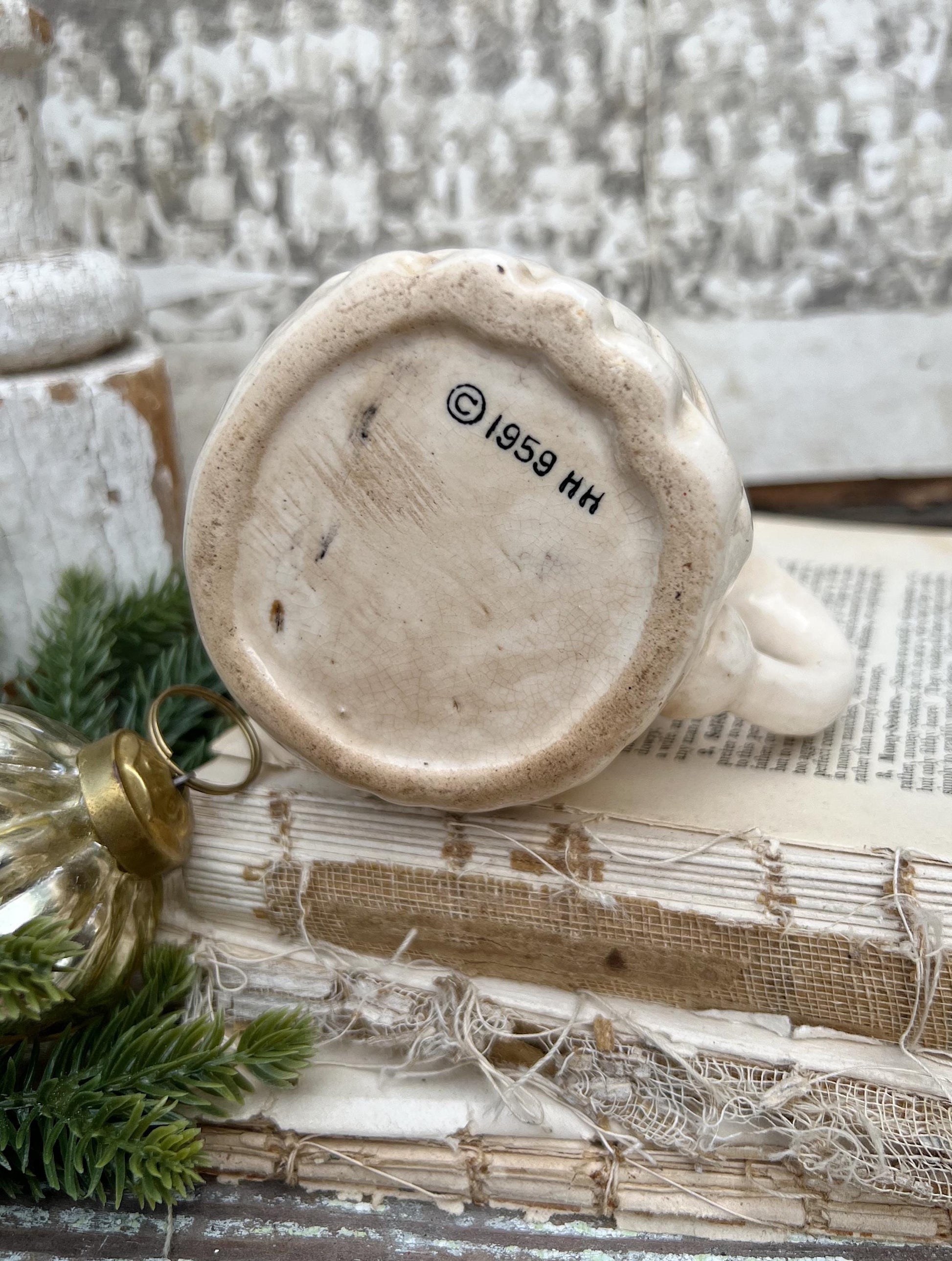 Vintage Ironstone Santa Claus Cup Mug FULL SIZE Cream Santa White Farmhouse Christmas Decor RARE Japan Holt Howard Stained Crazed 1959