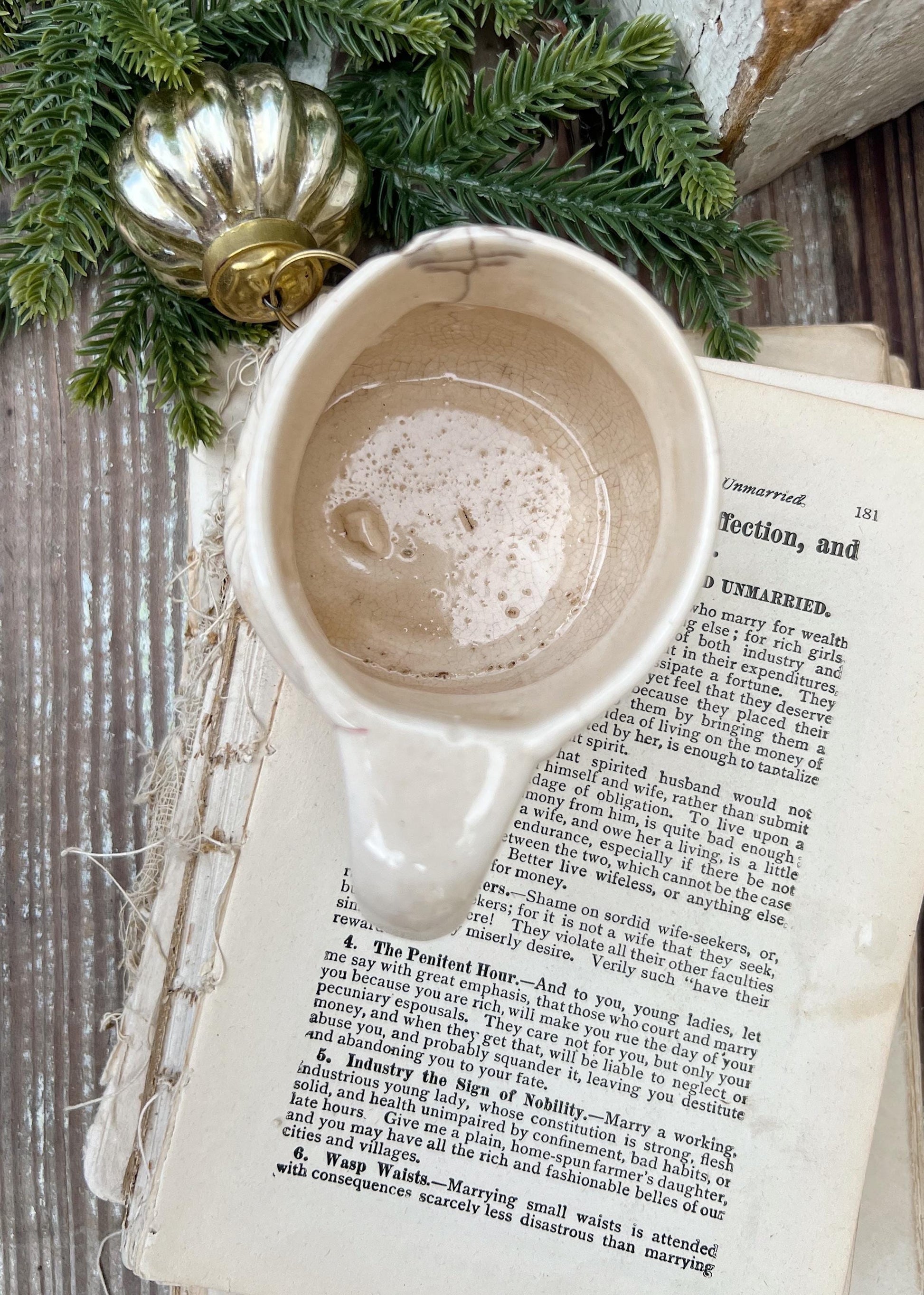 Vintage Ironstone Santa Claus Cup Mug FULL SIZE Cream Santa White Farmhouse Christmas Decor RARE Japan Holt Howard Stained Crazed 1959