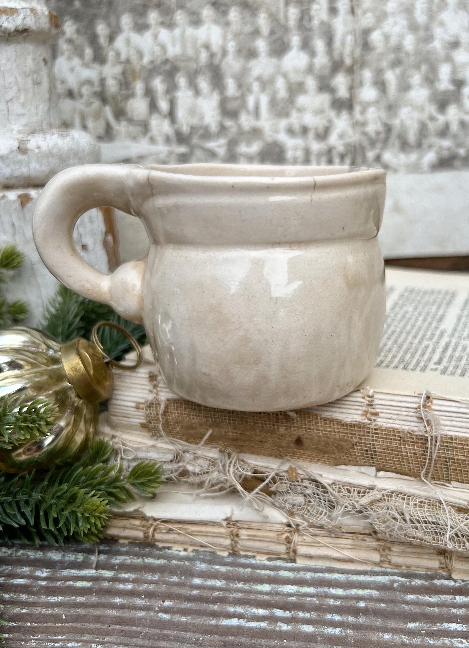 Vintage Ironstone Santa Claus Cup Mug FULL SIZE Cream Santa White Farmhouse Christmas Decor RARE Japan Holt Howard Stained Crazed 1959