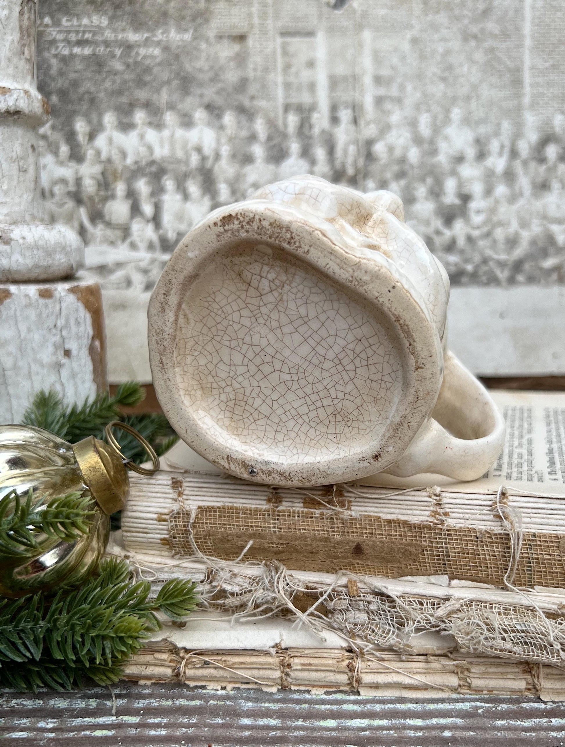 Vintage Ironstone Santa Claus Cup Mug FULL SIZE Creamy White Santa Farmhouse Christmas Decor RARE Japan Crazing Grungy Crazed