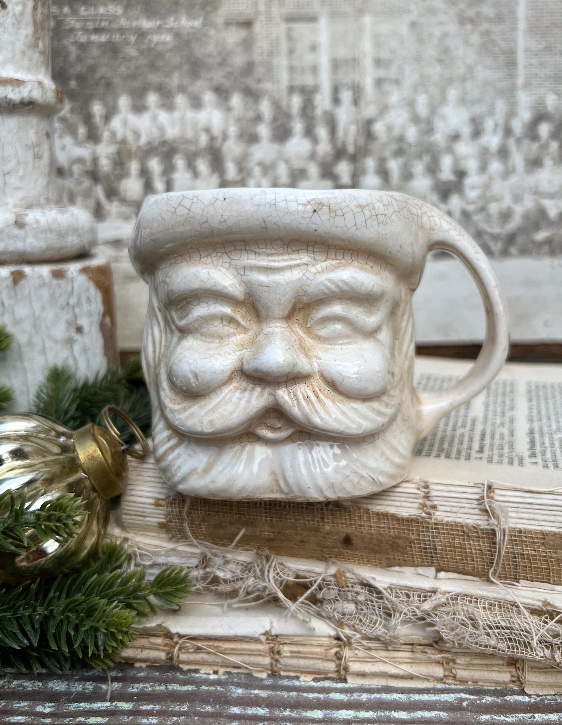 Vintage Ironstone Santa Claus Cup Mug FULL SIZE Creamy White Santa Farmhouse Christmas Decor RARE Japan Crazing Grungy Crazed