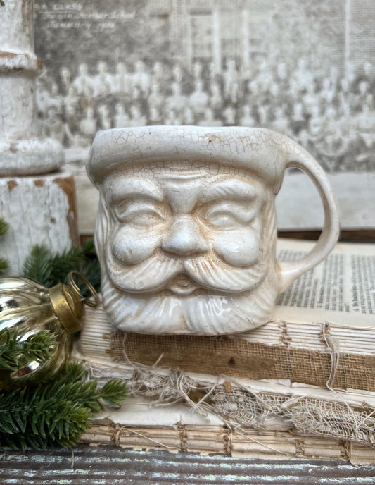 Vintage Ironstone Santa Claus Cup Mug FULL SIZE Creamy White Santa Farmhouse Christmas Decor RARE Japan Crazing Grungy Crazed