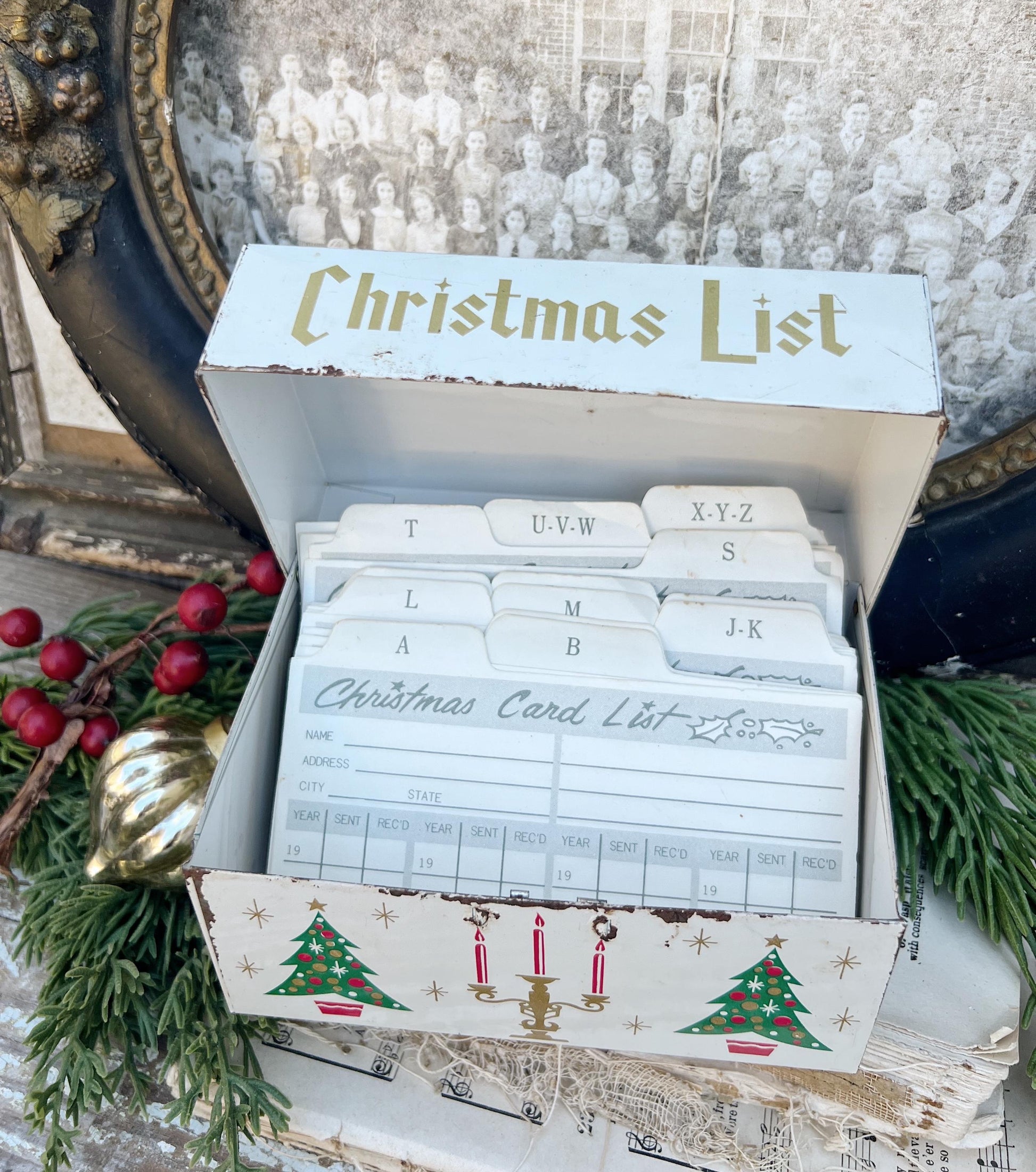 Vintage CHRISTMAS CARD LIST Green Metal File Box Farmhouse Decor with Cards Japan