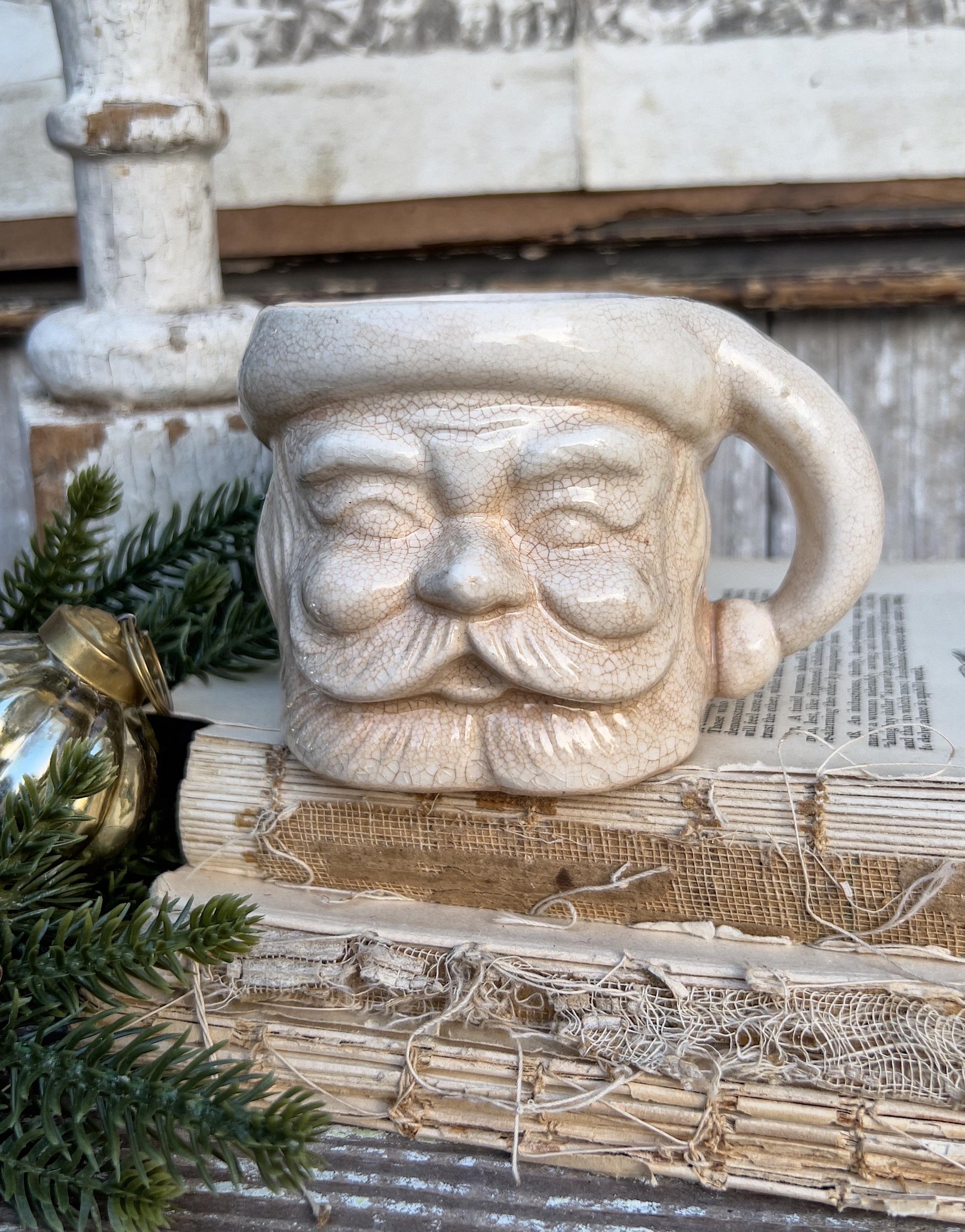 Vintage Ironstone Santa Claus Cup Mug FULL SIZE Creamy White Santa Farmhouse Christmas Decor RARE Japan Crazing Grungy Crazed