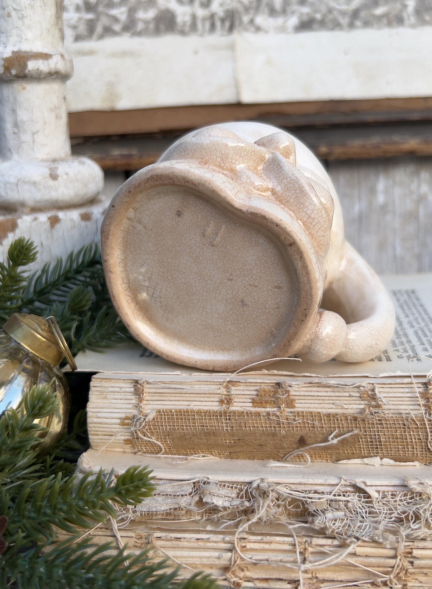 Vintage Ironstone Santa Claus Cup Mug FULL SIZE Creamy White Santa Farmhouse Christmas Decor RARE Japan Crazing Grungy Crazed