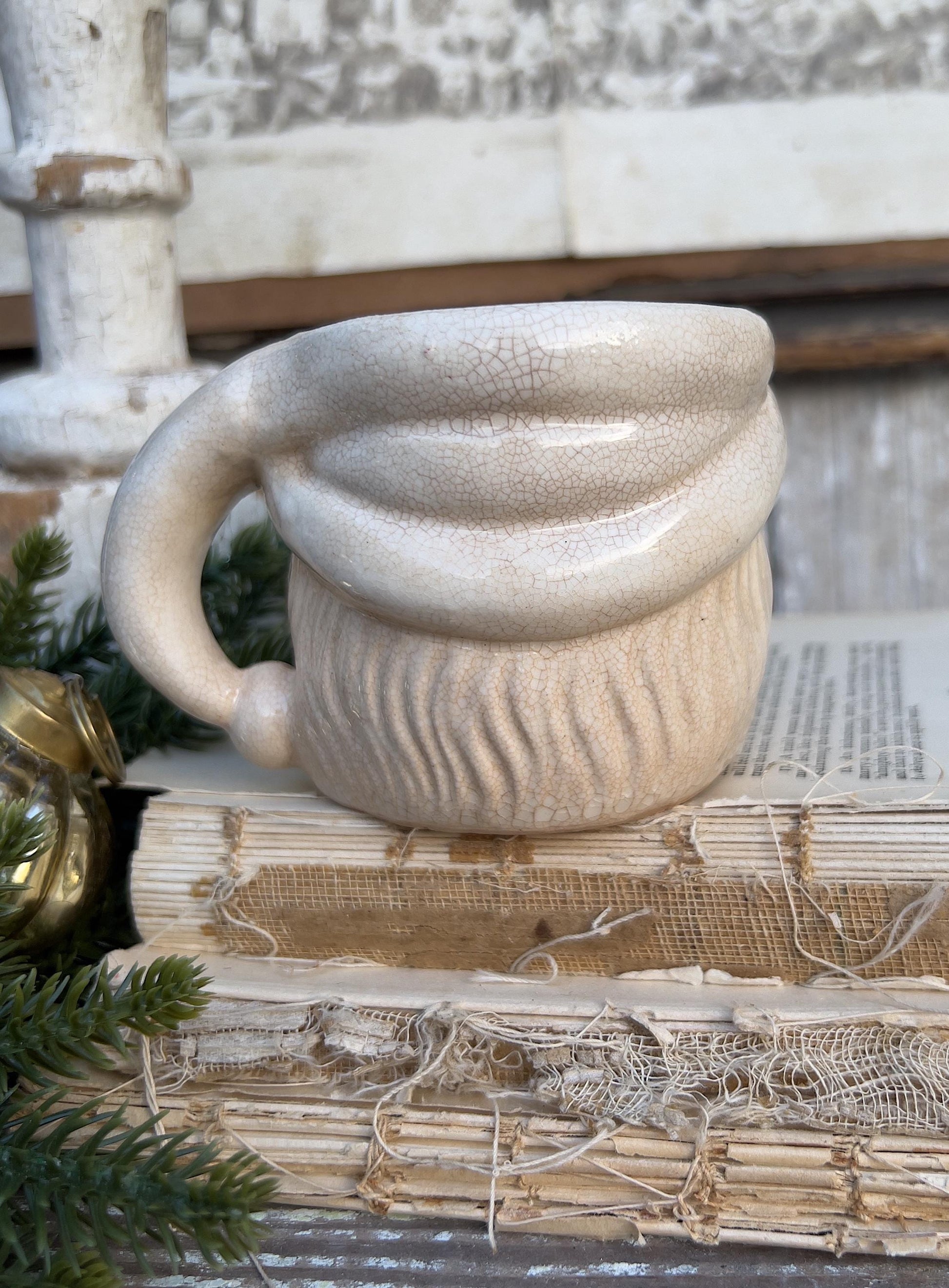 Vintage Ironstone Santa Claus Cup Mug FULL SIZE Creamy White Santa Farmhouse Christmas Decor RARE Japan Crazing Grungy Crazed