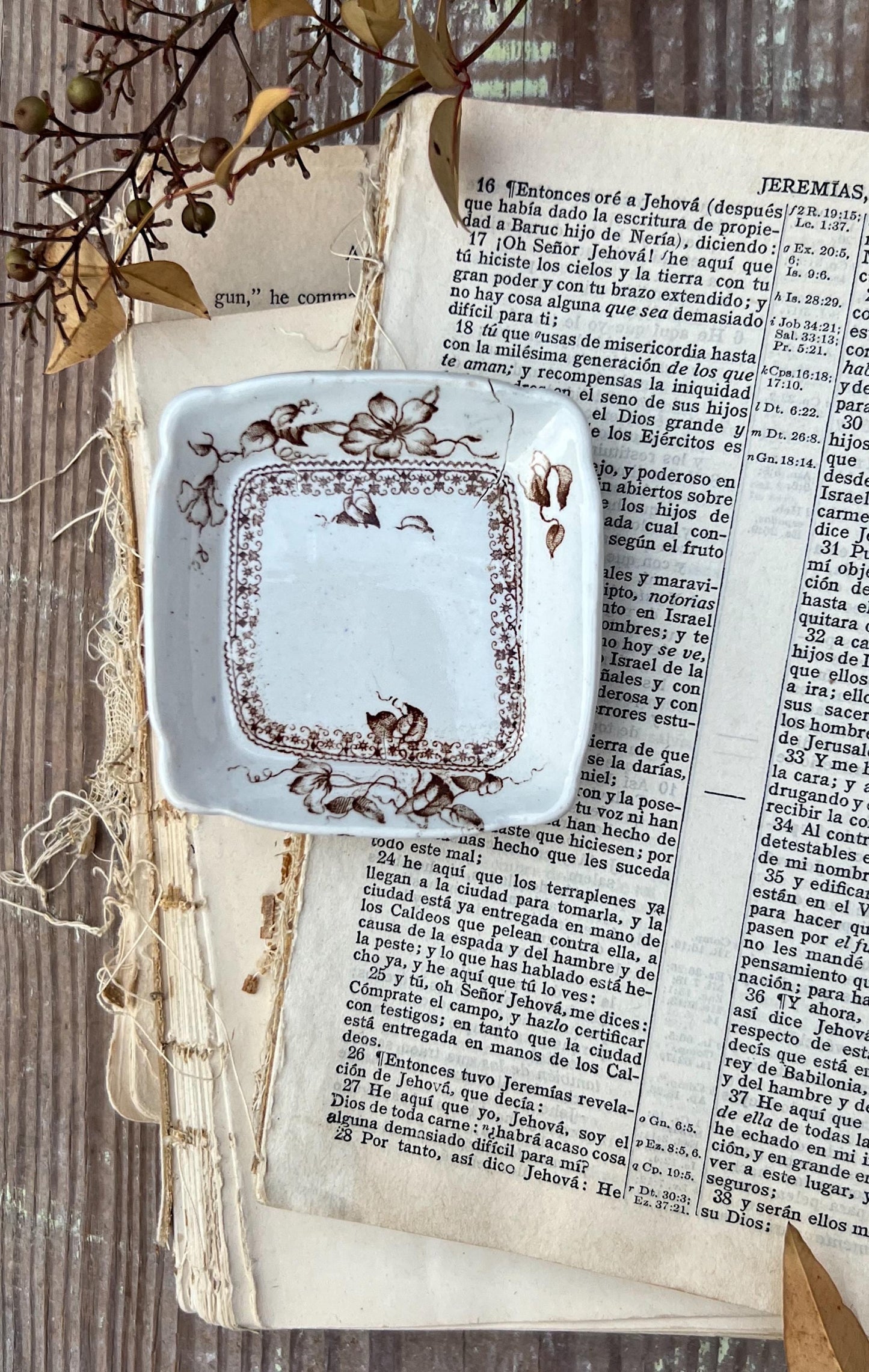 Antique SQUARE White Ironstone Butter Pat BROWN Transferware Floral Farmhouse Decor KENT
